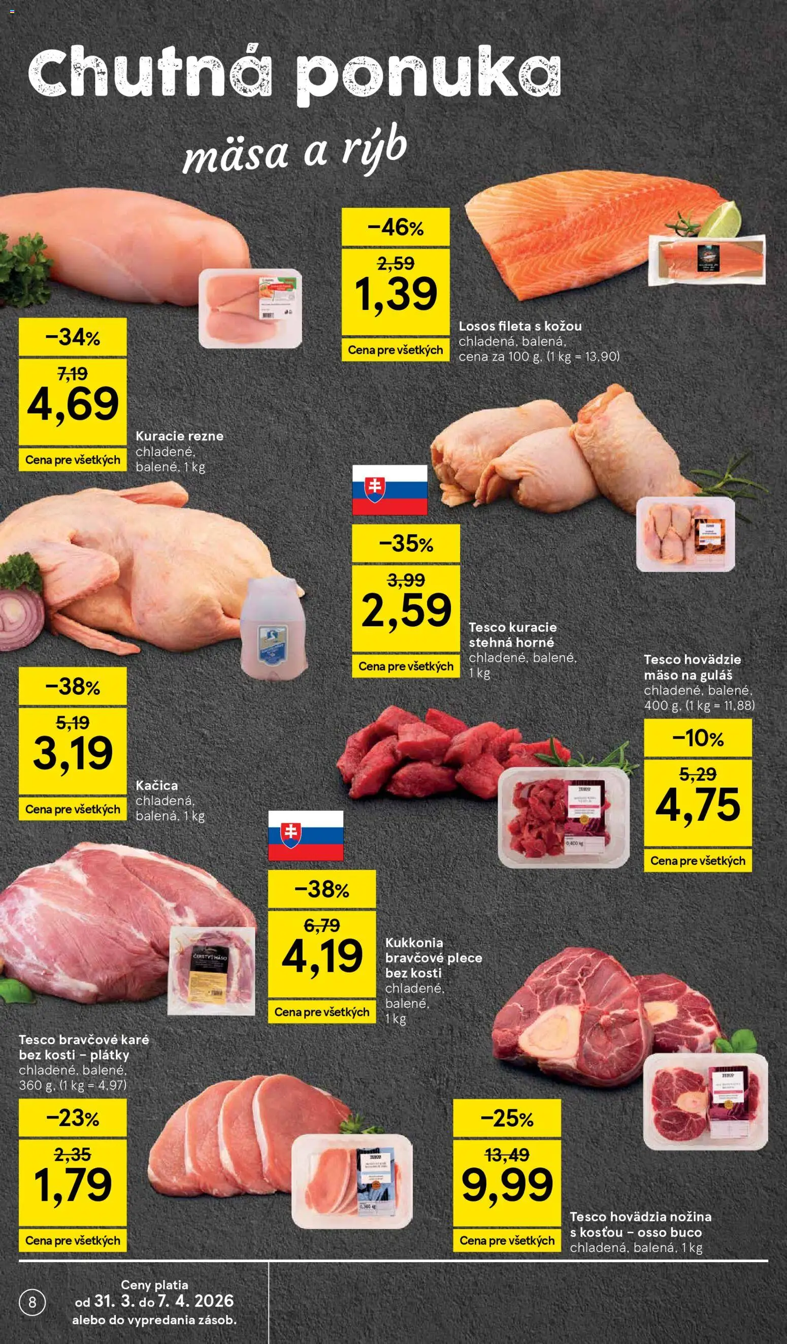 Nové Tesco akcie – leták je platný od 31.03.2026 | Strana: 8 | Produkty: Bravčové plece, Kuracie rezne, Kuracie stehná, Losos