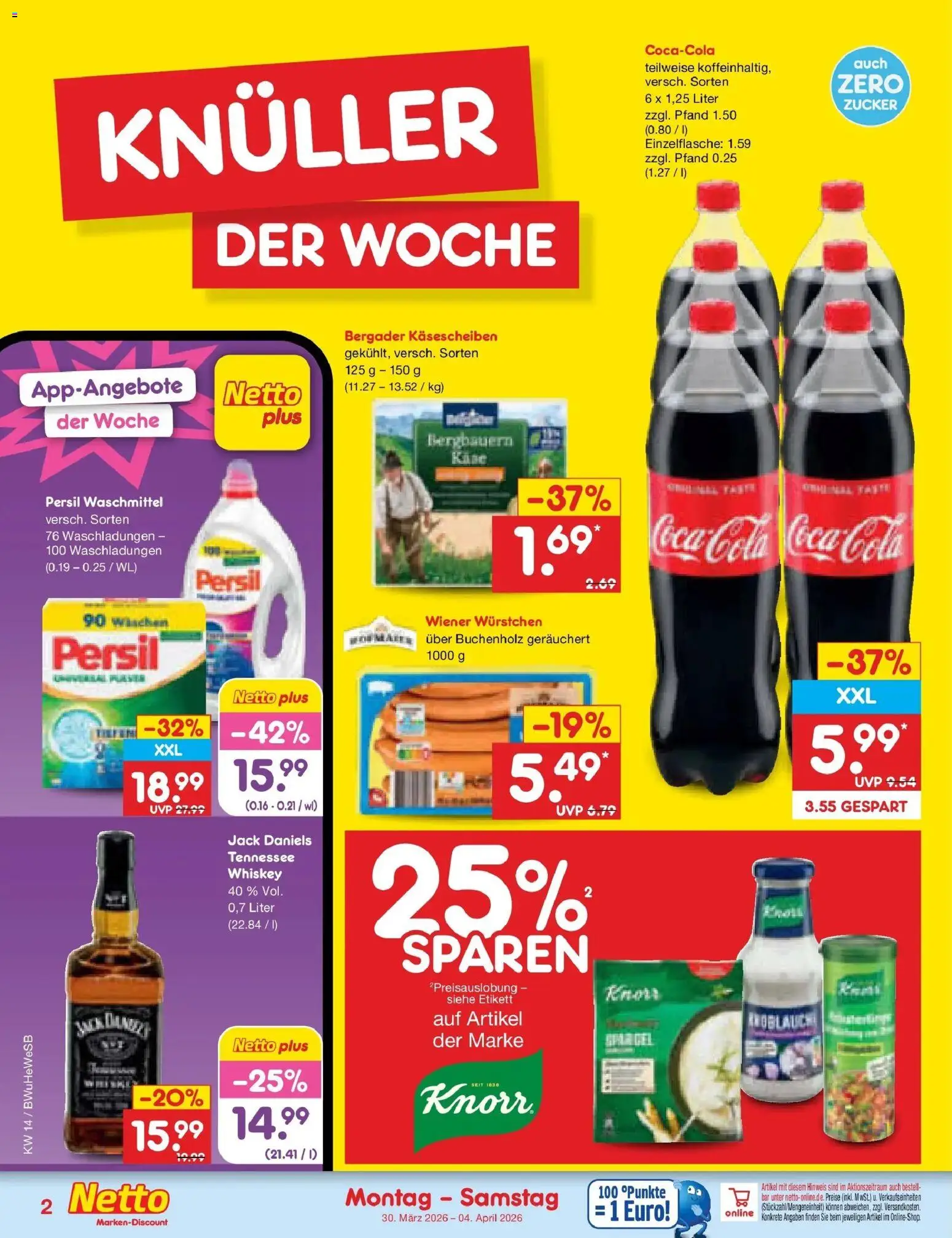 Netto Marken-Discount Prospekt Stemwede-Dielingen	 – gültig ab 29.03.2026 | Seite: 2 | Produkte: Wiener wurstchen, Cola, Waschmittel, Zucker