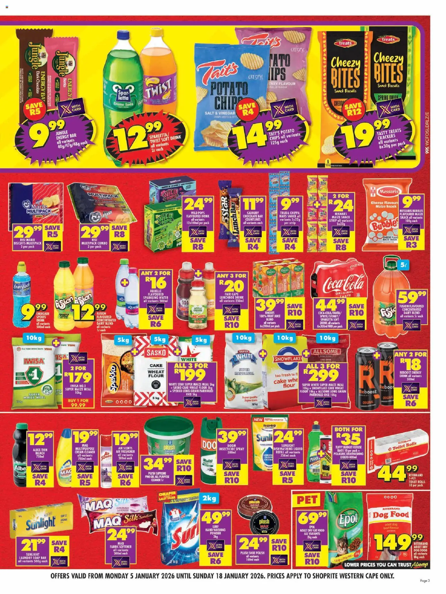 New Shoprite catalogue – valid from 05.01.2026 | Page: 3 | Products: Air freshener, Bleach, Rice, Chips