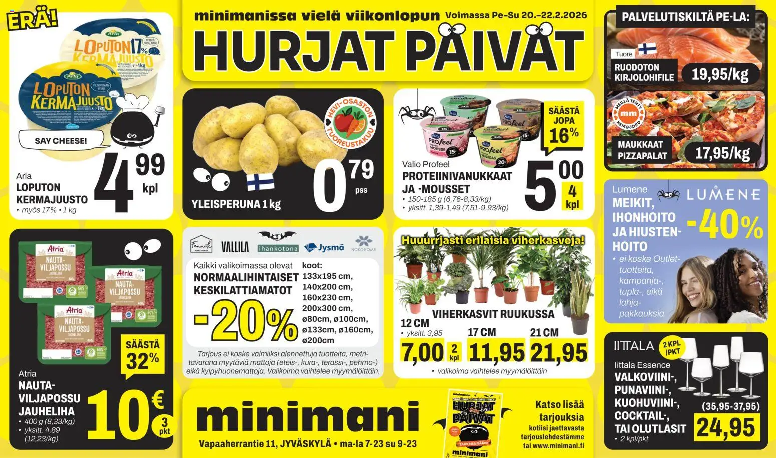 Minimani - Minimani Jyväskylä – voimassa 20.02.2026 alkaen | Sivu: 1 | Tuotteet: Valkoviini, Mousse, Kermajuusto, Juusto