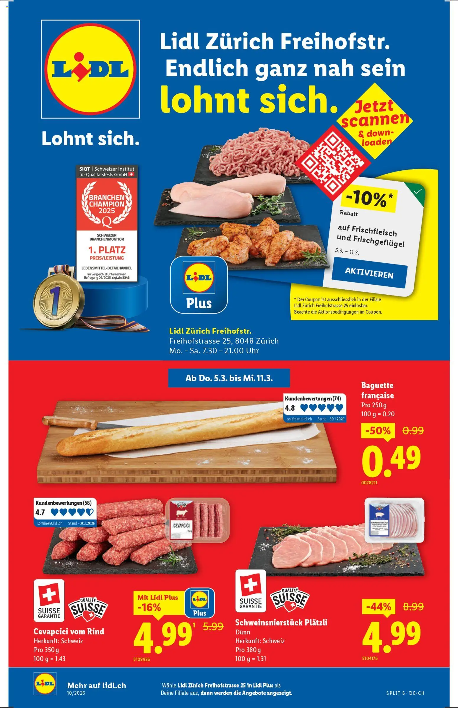 Lidl Aktionen Neueröffnung Zürich – gültig ab 05.03.2026 | Seite: 1 | Produkte: Cevapcici, Baguette, Uhr