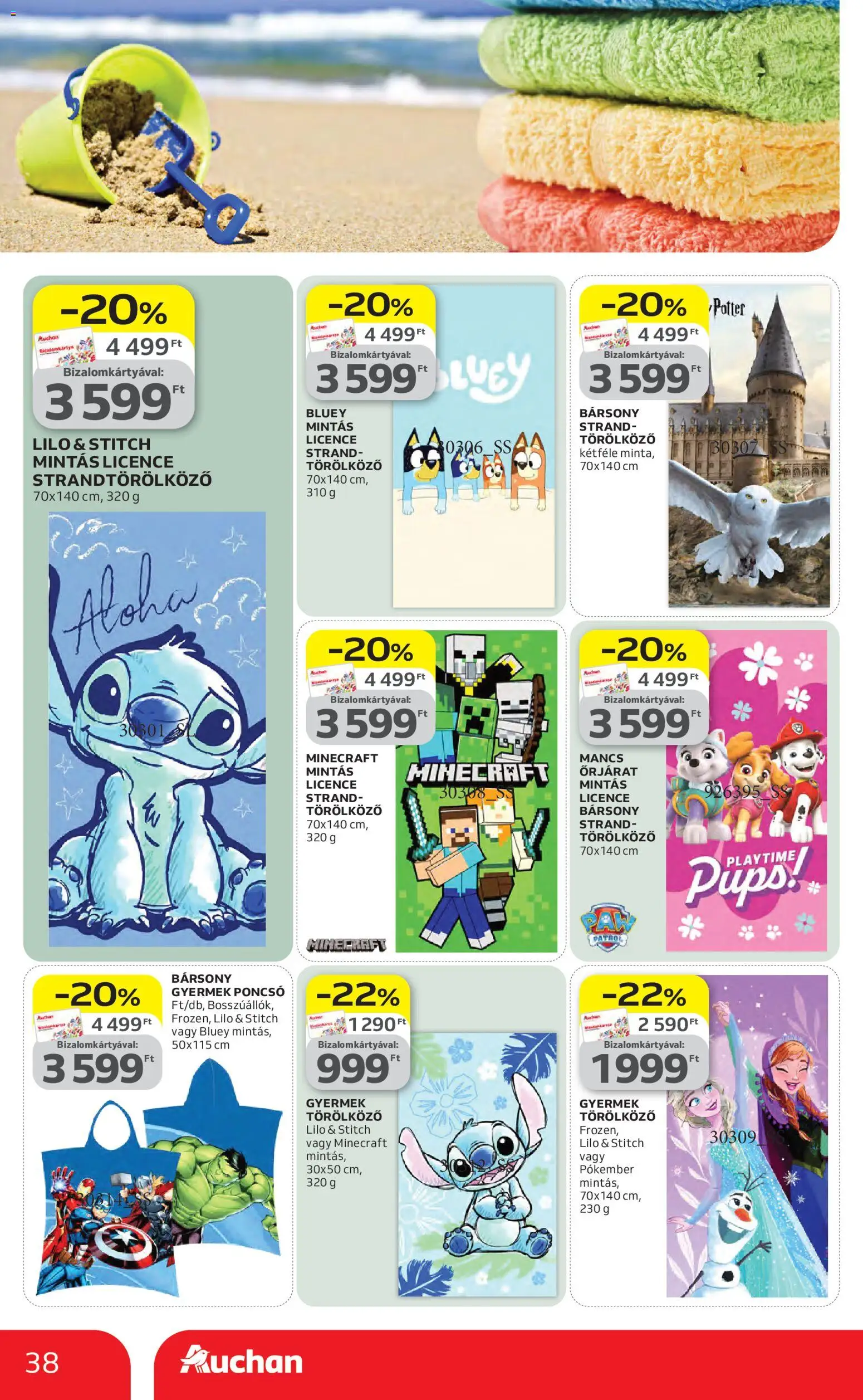 Auchan akciós ujság - amely érvényes a következő dátumtól: 16.04.2026 | Oldal: 38 | Termékek: Törölköző, Poncsó, Strandtörölköző