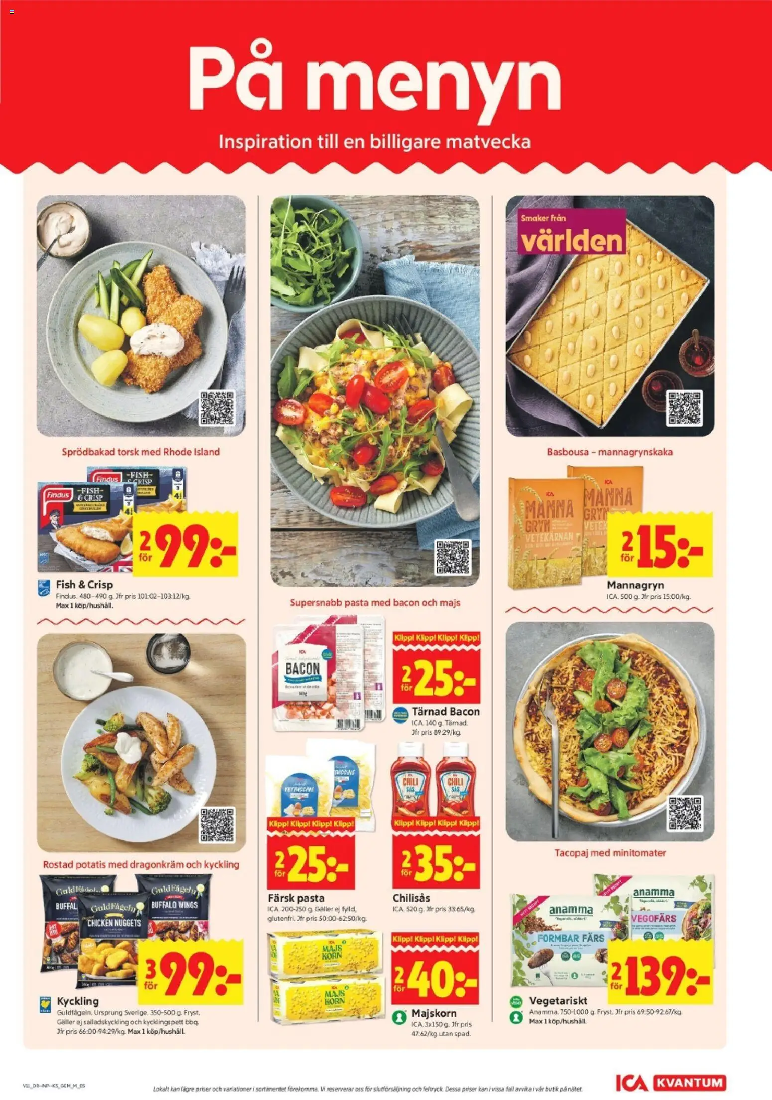 ICA Kvantum reklamblad aktuell från 09.03.2026 | Sida: 7 | Produkter: Bacon, Vegofärs, Potatis, Pasta