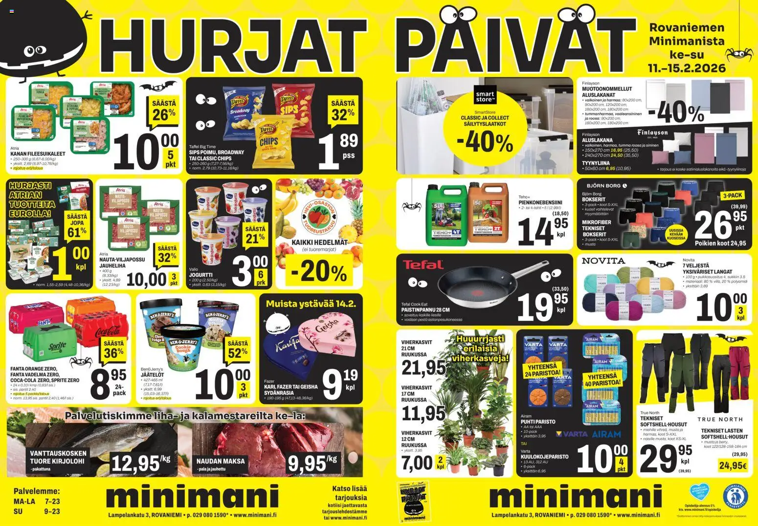 Minimani Tarjoukset - Rovaniemi – voimassa 11.02.2026 alkaen | Sivu: 1 | Tuotteet: Aluslakana, Bokserit, Fanta, Tyynyliina