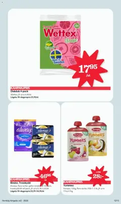 Bindor, Trosskydd, Always, flera sorter, gäller bindor 4-30 pack, trosskydd 44-60 pack - Förhandsvisning av reklamblad från butik Hemköp aktuell från 13.10.2025 | Sida: 12 | Produkter: Trosskydd, Galler