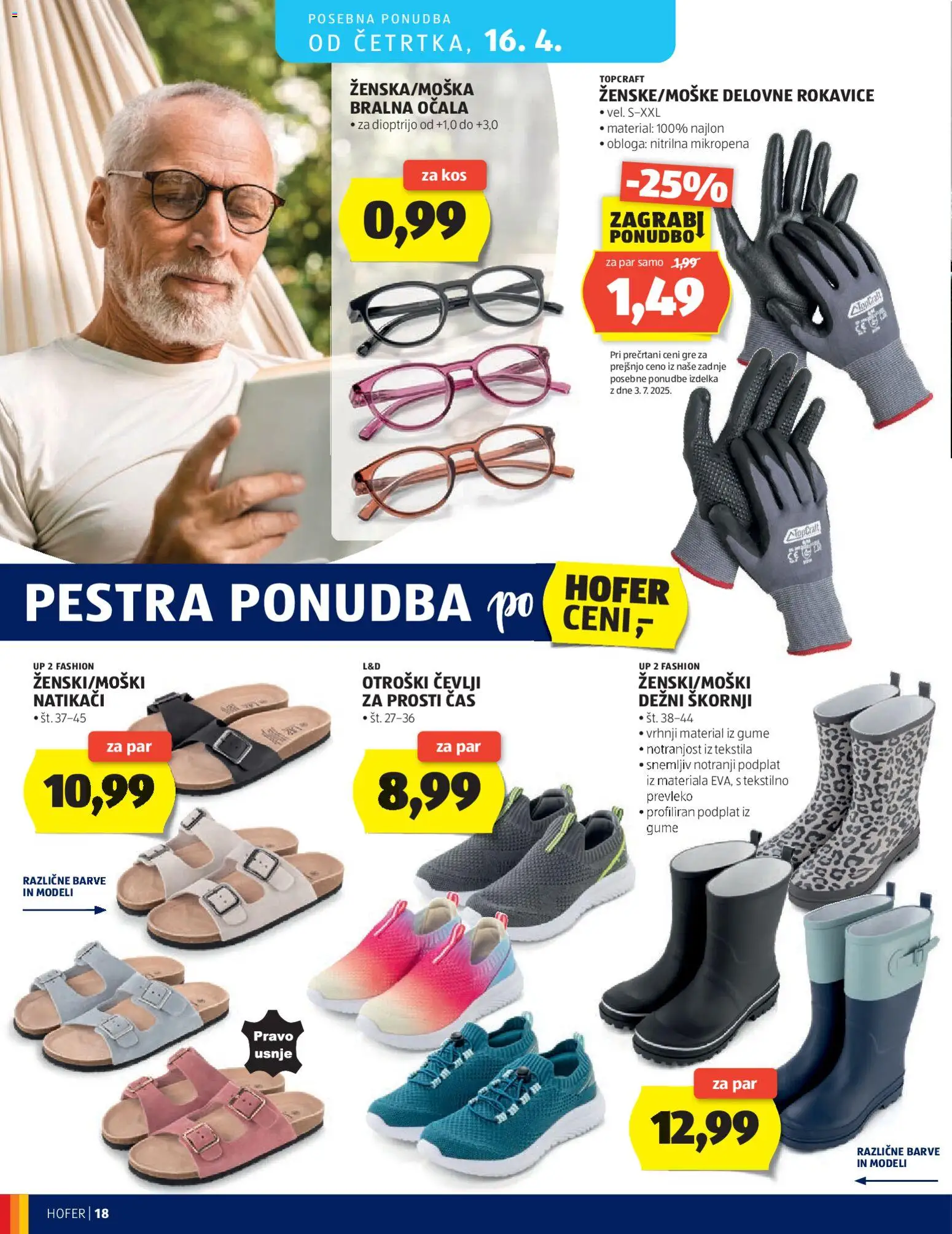 Novi Hofer katalog ponudbe – veljaven od 08.04.2026 | Stran: 18 | Izdelki: Kos, Cevlji, Natikaci, Rokavice