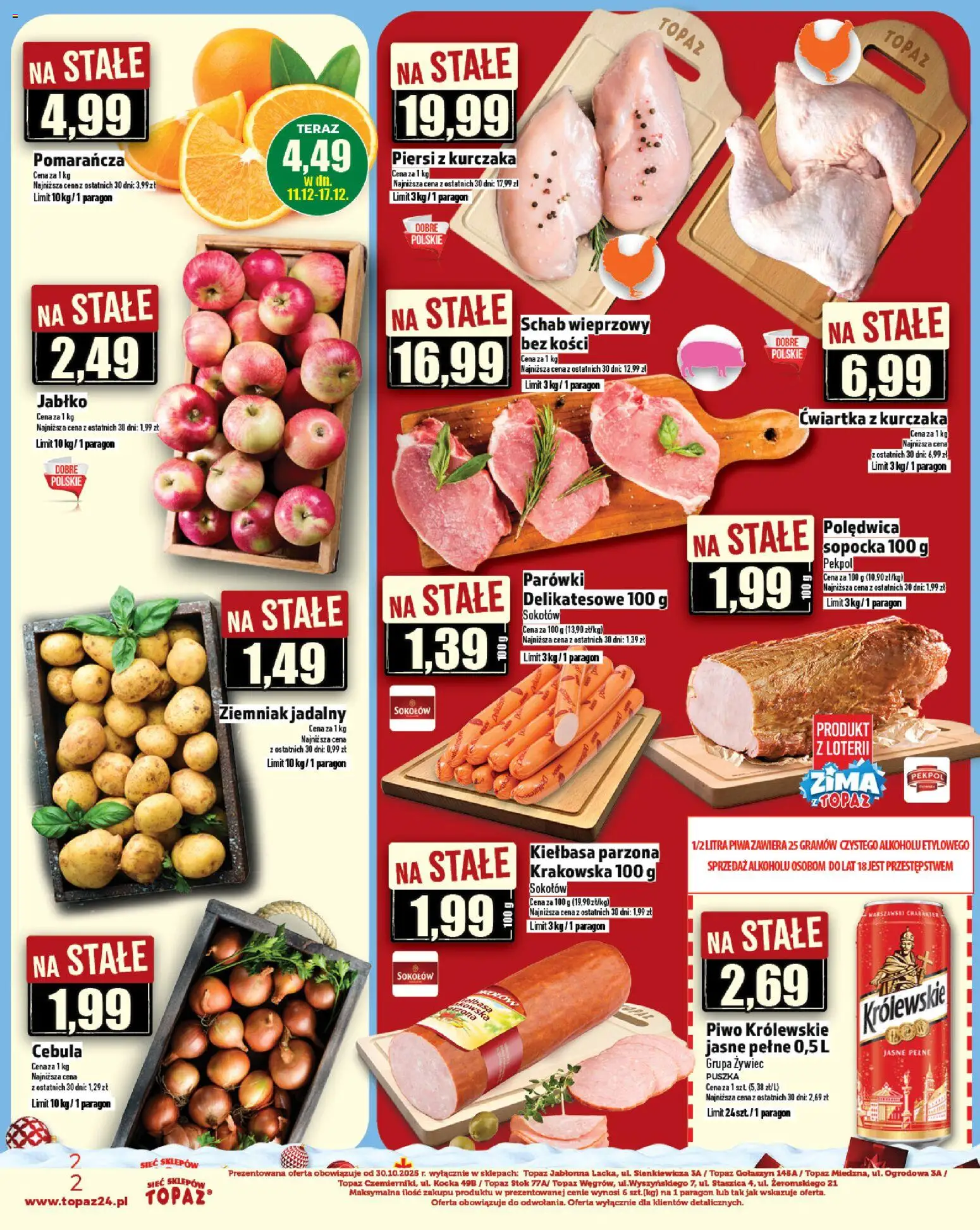 Topaz Gazetka - Ceny małe na stałe od 11.12.2025 | Strona: 2 | Produkty: Kiełbasa, Piersi, Schab wieprzowy, Ćwiartka z kurczaka