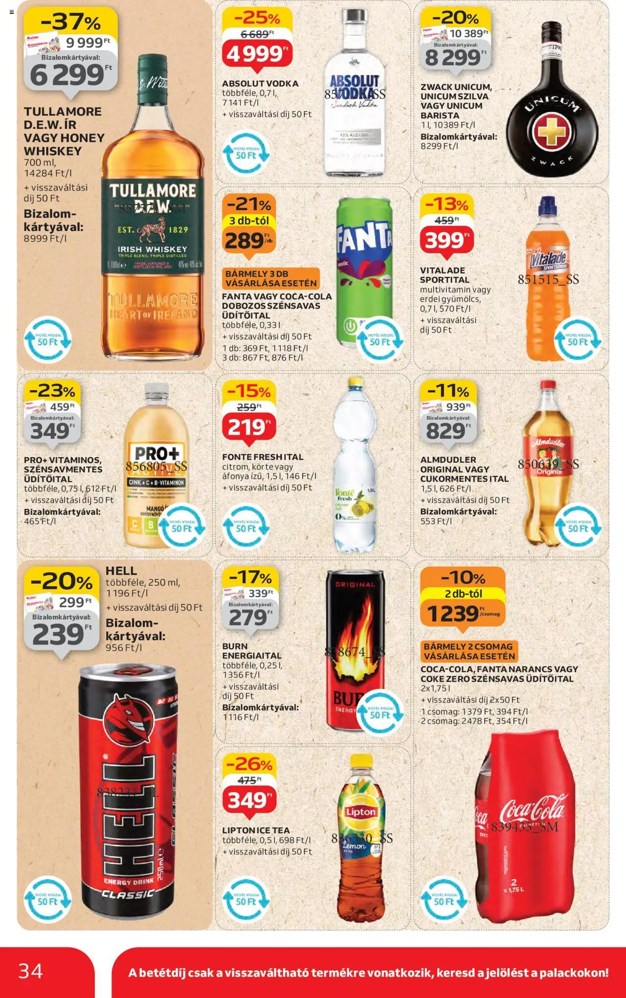 Auchan akciós ujság - amely érvényes a következő dátumtól: 14.08.2025 | Oldal: 34 | Termékek: Körte, Energiaital, Whiskey, Coca Cola