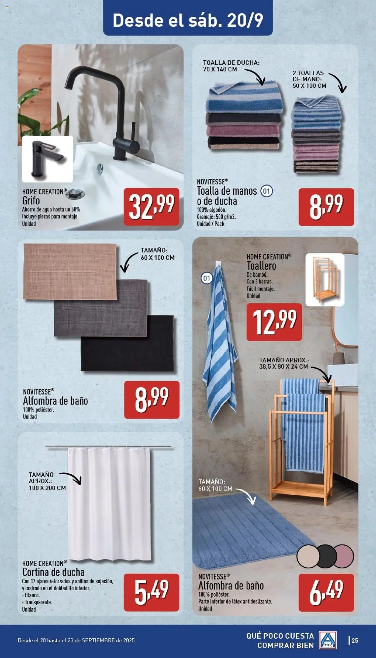 Aldi folleto Canarias │ válido desde el 15.09.2025 | Página: 25 | Productos: Toalla de manos, Toallero, Ducha, Alfombra