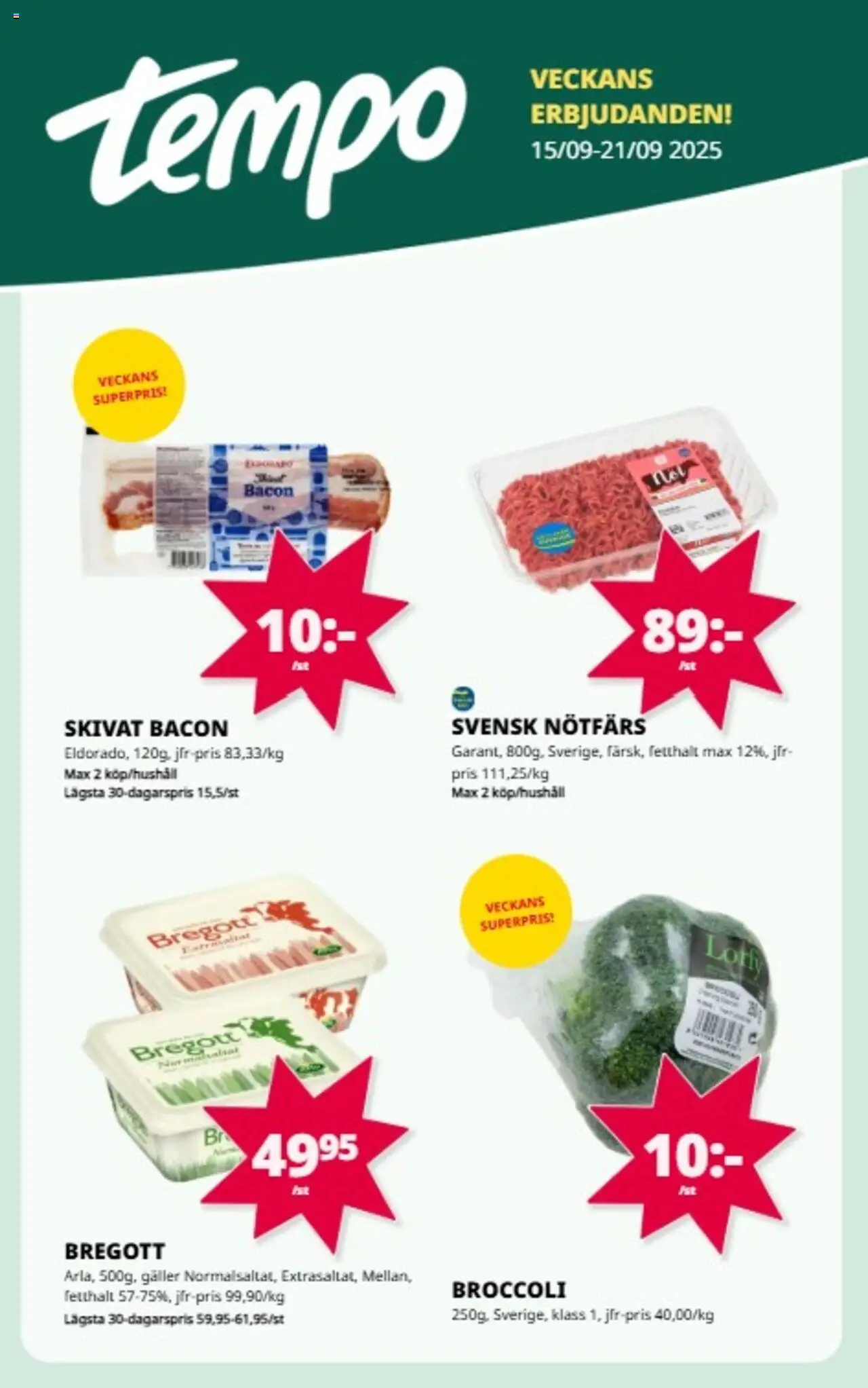Tempo reklamblad aktuell från 15.09.2025 | Sida: 1 | Produkter: Nötfärs, Galler, Bregott, Broccoli