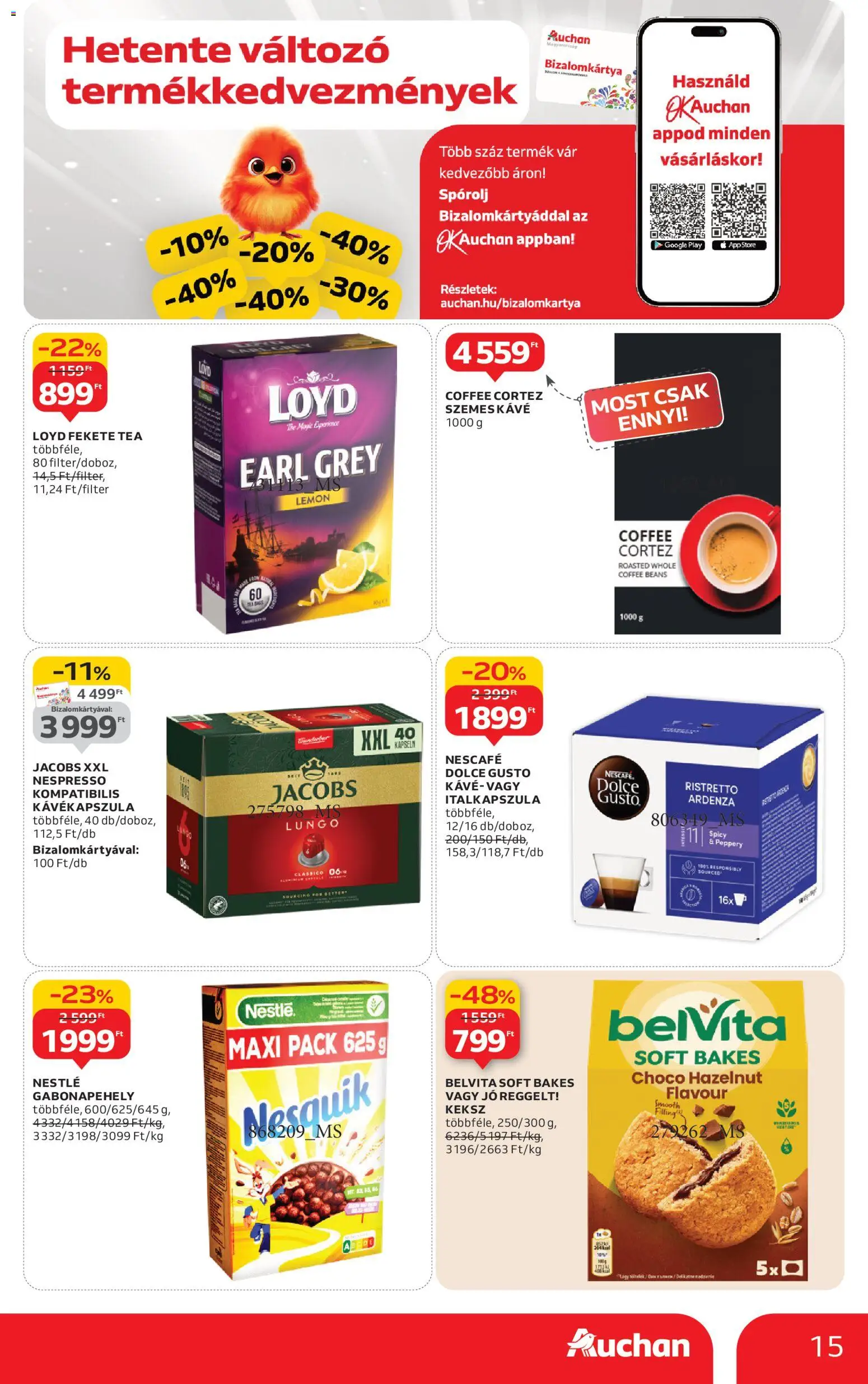 Auchan akciós ujság - amely érvényes a következő dátumtól: 08.01.2026 | Oldal: 15 | Termékek: Dolce Gusto, Kávékapszula, Tea, Keksz