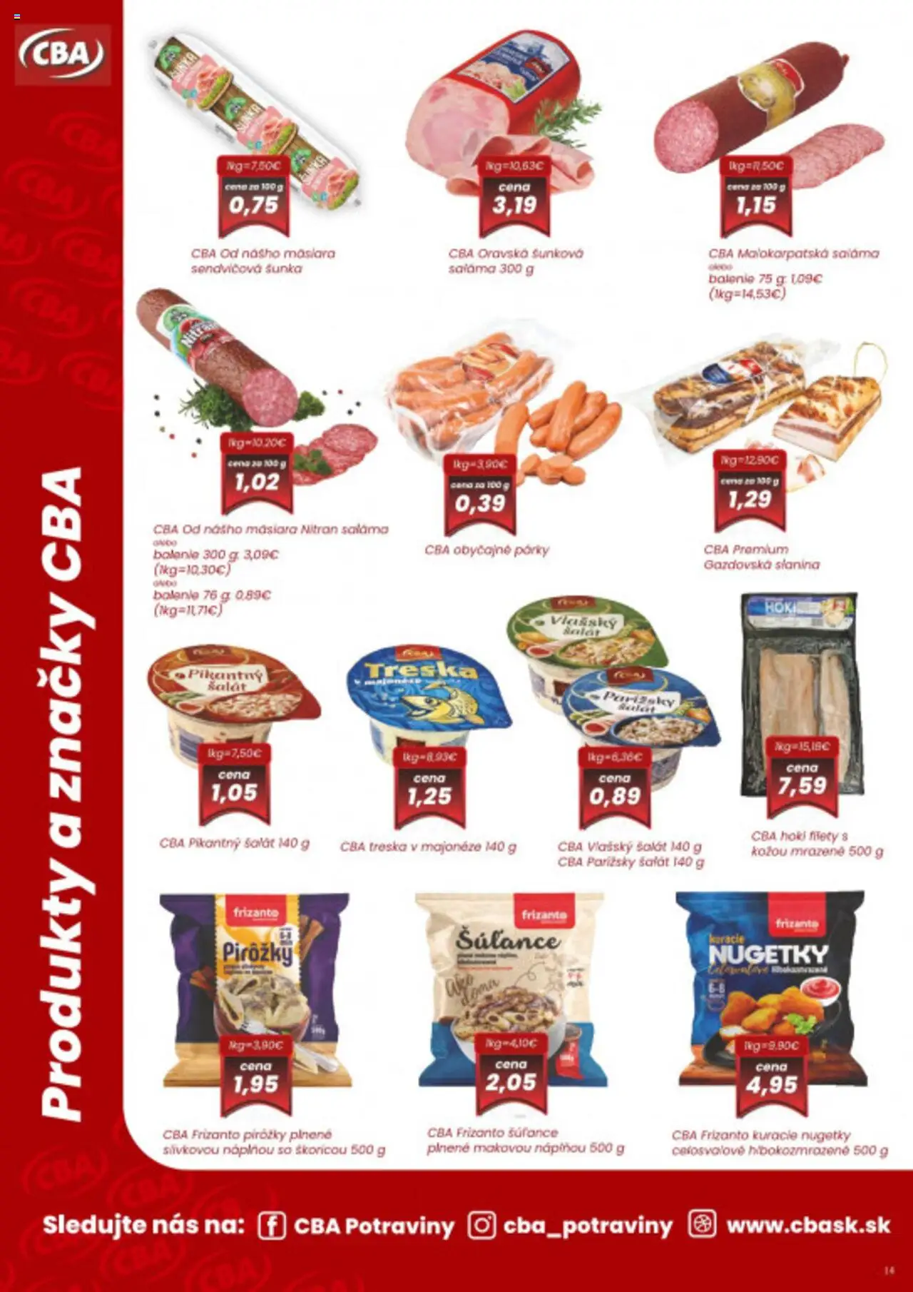 Nové CBA Verex akcie – leták je platný od 02.10.2025 | Strana: 14 | Produkty: Saláma, Slanina, Šalát, Párky