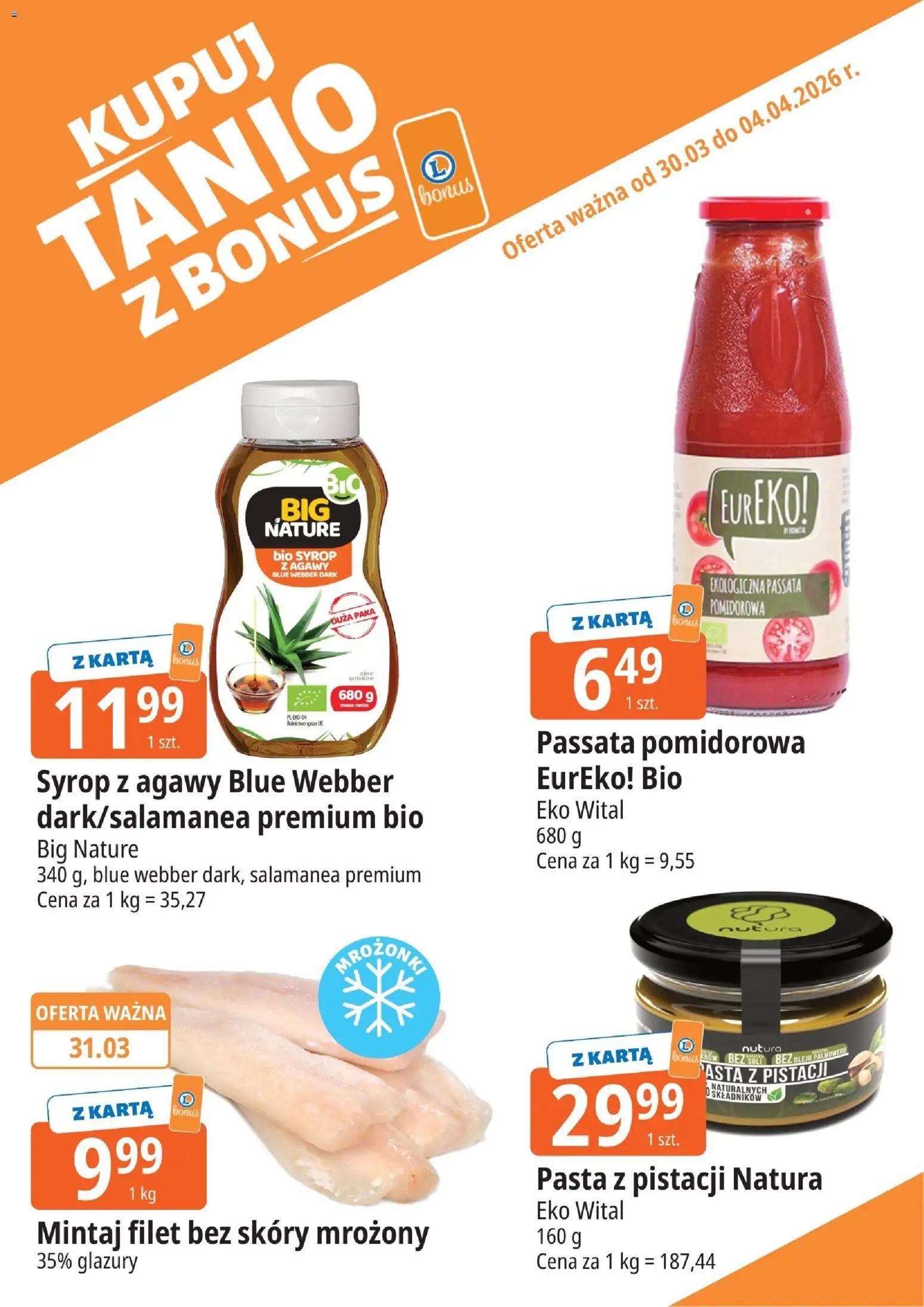 E.Leclerc gazetka - Elbląg kupony dodatkowe od 30.03.2026 | Strona: 12 | Produkty: Syrop z agawy, Karta, Mintaj, Passata pomidorowa