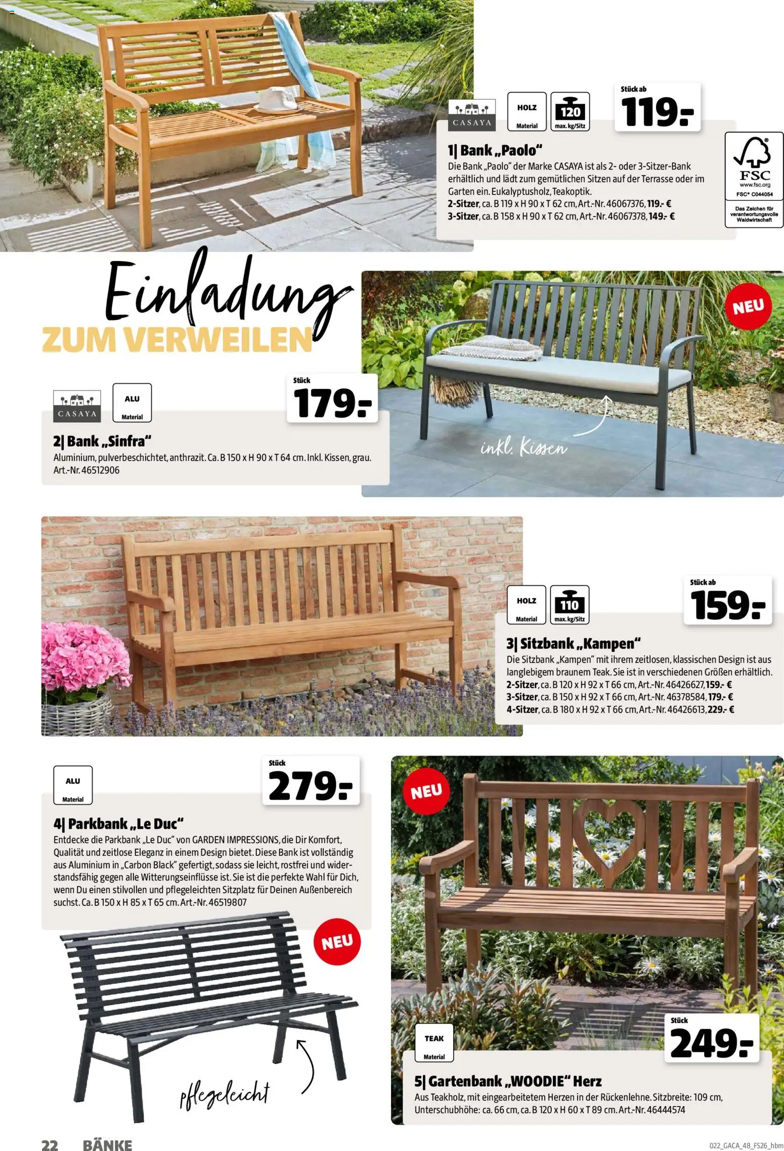 Hagebau Gartenmöbelsortiment – gültig ab 02.03.2026 | Seite: 22 | Produkte: Sitzbank, Kissen