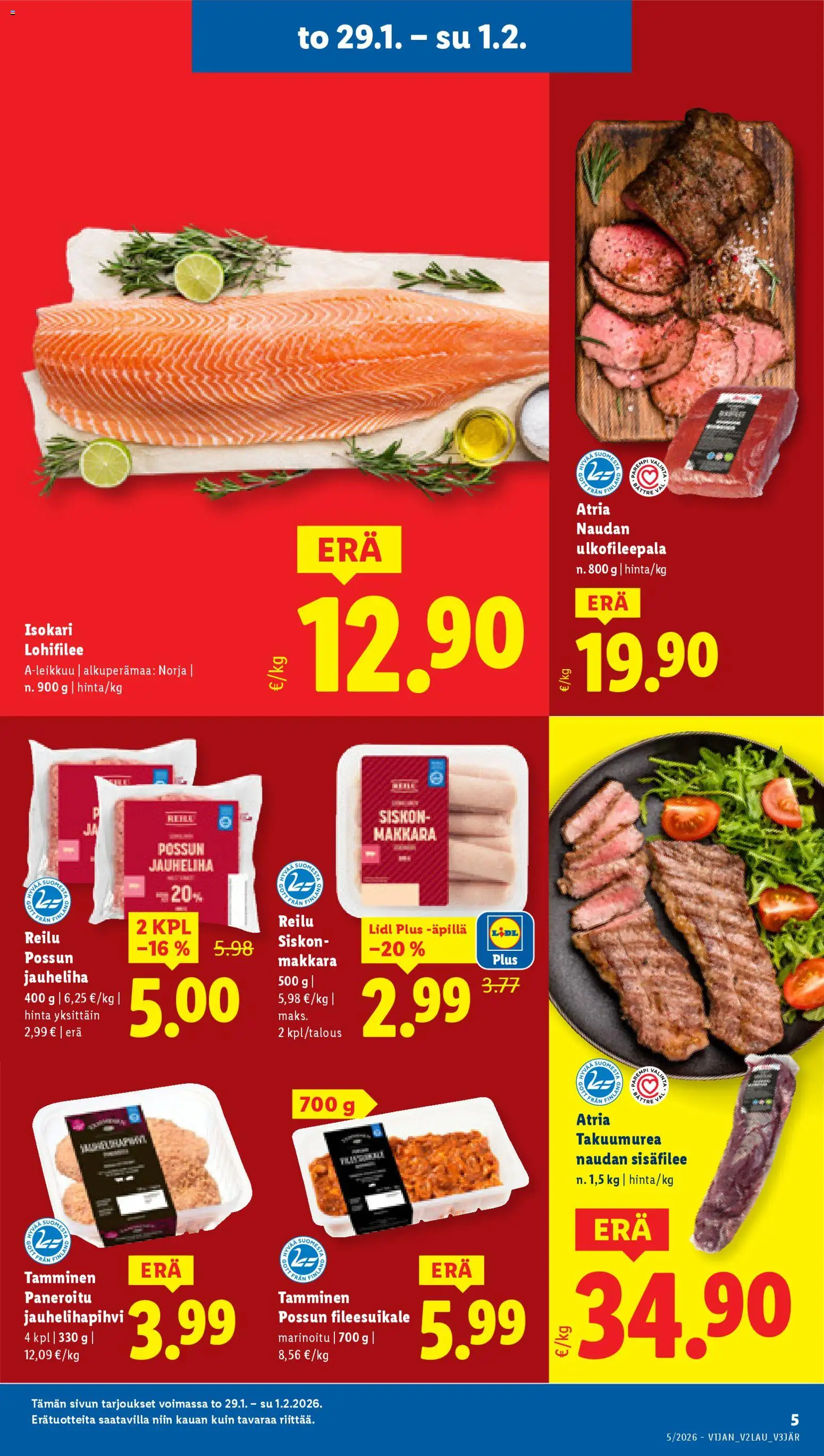 Lidl tarjoukset – voimassa 29.01.2026 alkaen | Sivu: 5 | Tuotteet: Jauheliha, Makkara