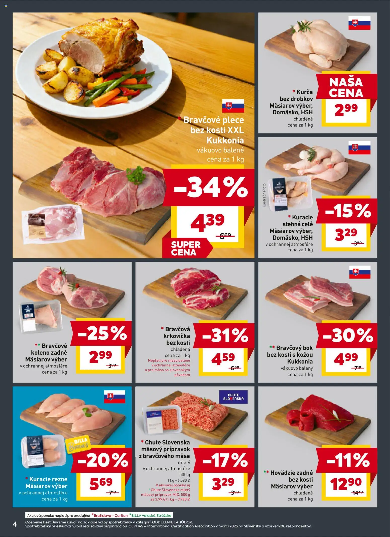 Nové Billa akcie – leták je platný od 02.01.2026 | Strana: 4 | Produkty: Bravčová krkovička, Kuracie rezne, Kuracie stehná, Kurča