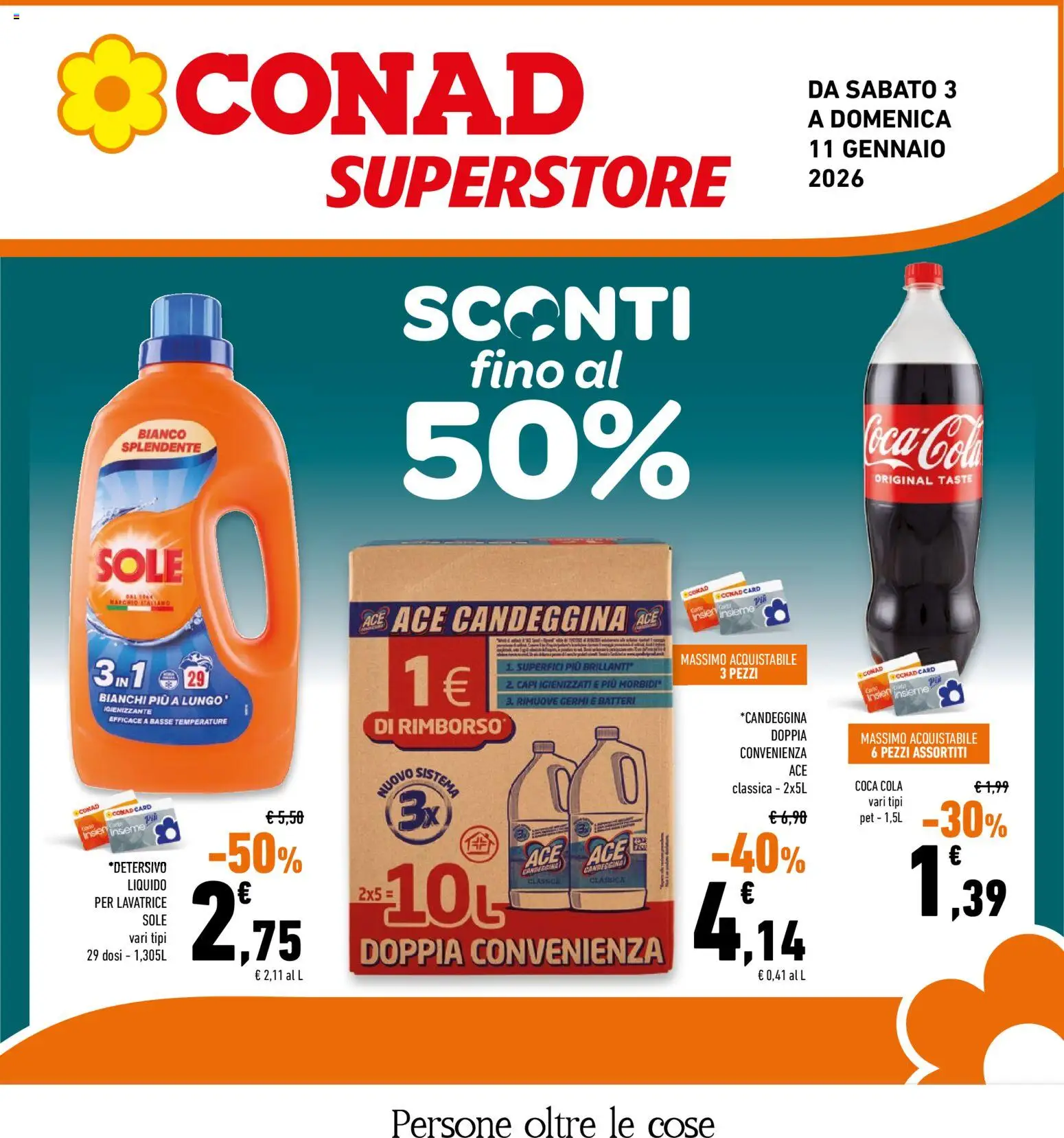 Volantino Conad del 03.01.2026 | Pagina: 1 | Prodotti: Candeggina, Lavatrice, Coca Cola