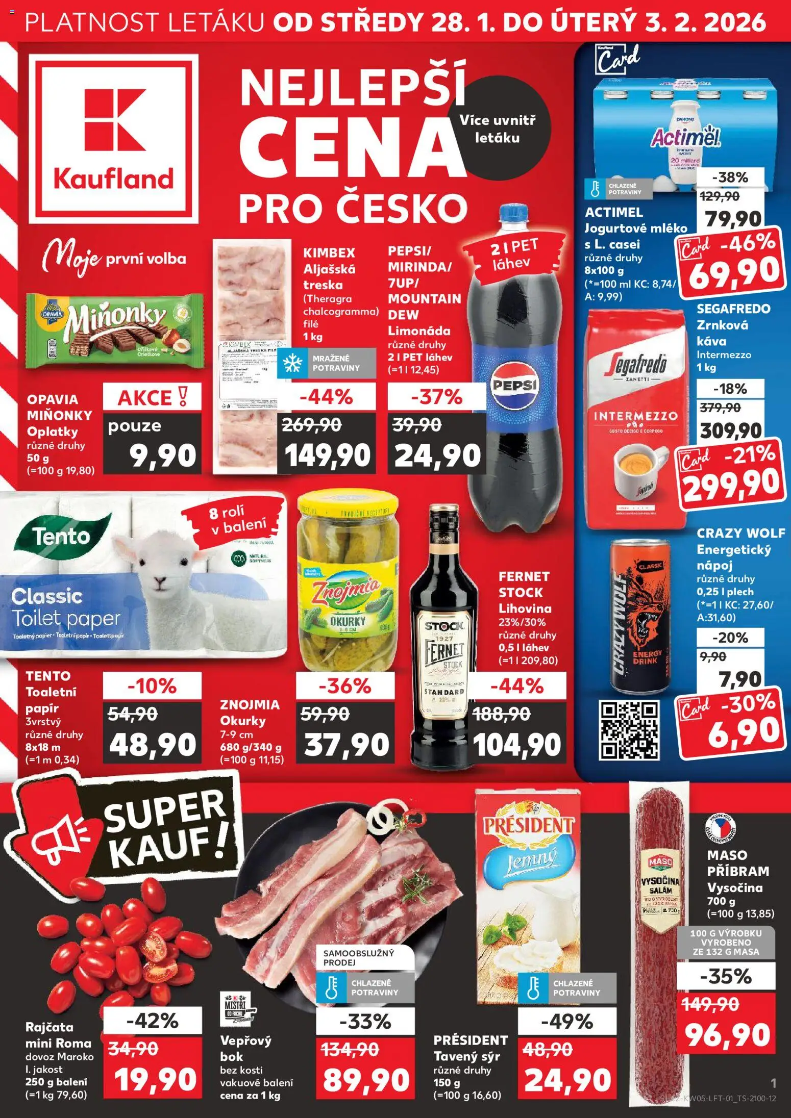 Kaufland leták - Plzeň od 28.01.2026 | Strana: 1 | Produkty: Vepřový bok, Actimel, Vysočina, File