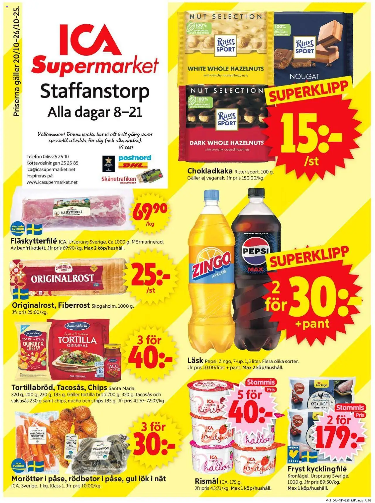 ICA Supermarket reklamblad aktuell från 20.10.2025 | Sida: 1 | Produkter: Zingo, Chips, Pepsi, Bröd