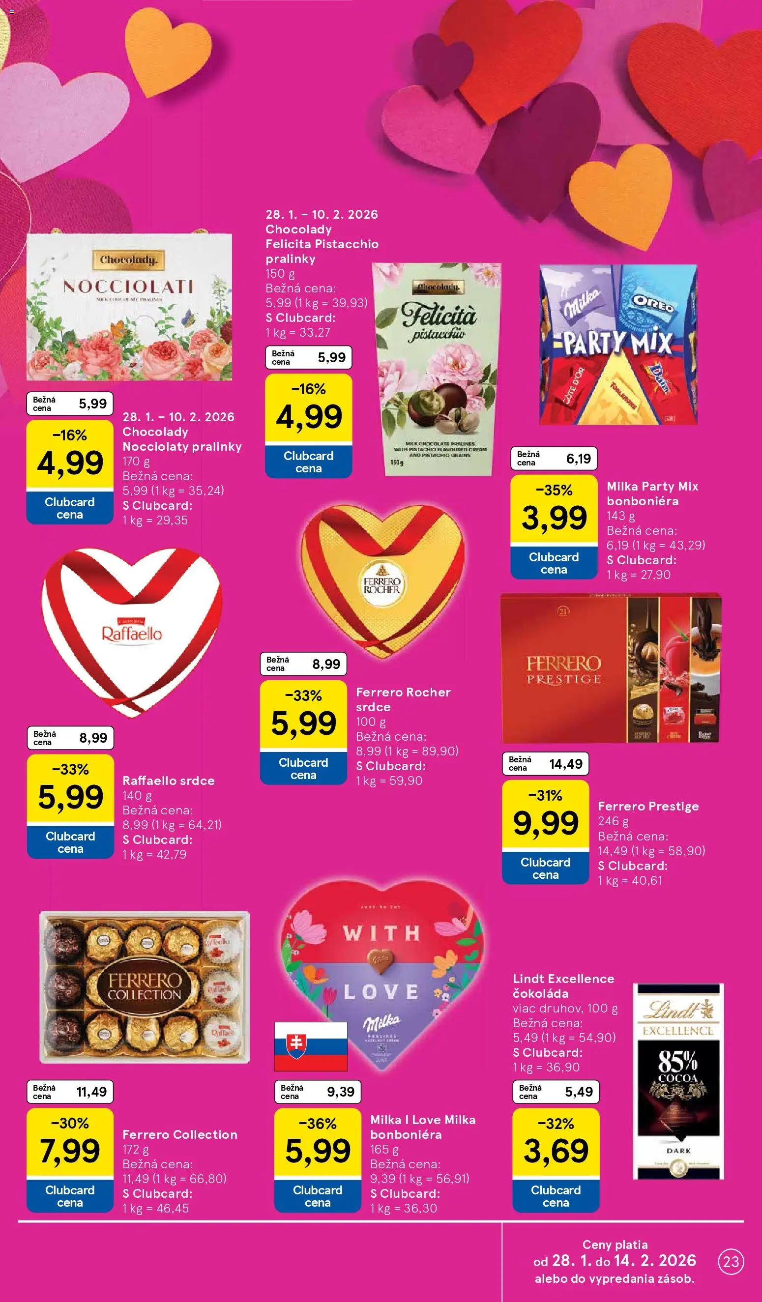 Nové Tesco akcie – leták je platný od 28.01.2026 | Strana: 23 | Produkty: Lindt, Čokoláda, Milka, Ferrero Rocher
