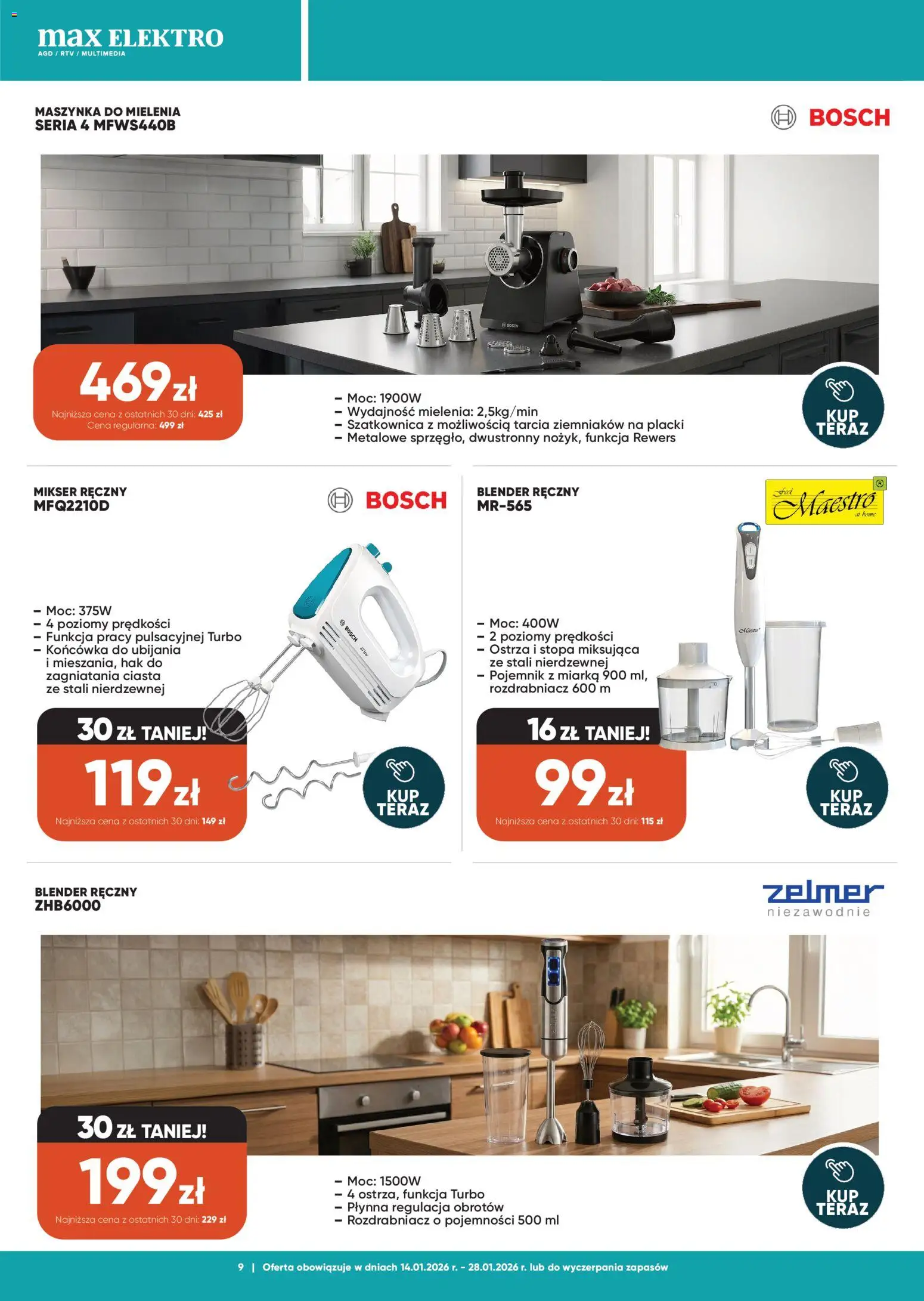 Max elektro Gazetka od 14.01.2026 | Strona: 9 | Produkty: Blender ręczny, Mikser, Blender