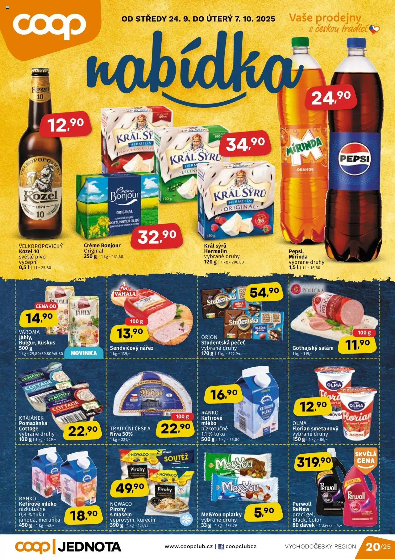 Coop leták - Východočeský region od 24.09.2025 | Strana: 1 | Produkty: Polička, Kozel 10, Studentská pečeť, Oplatky