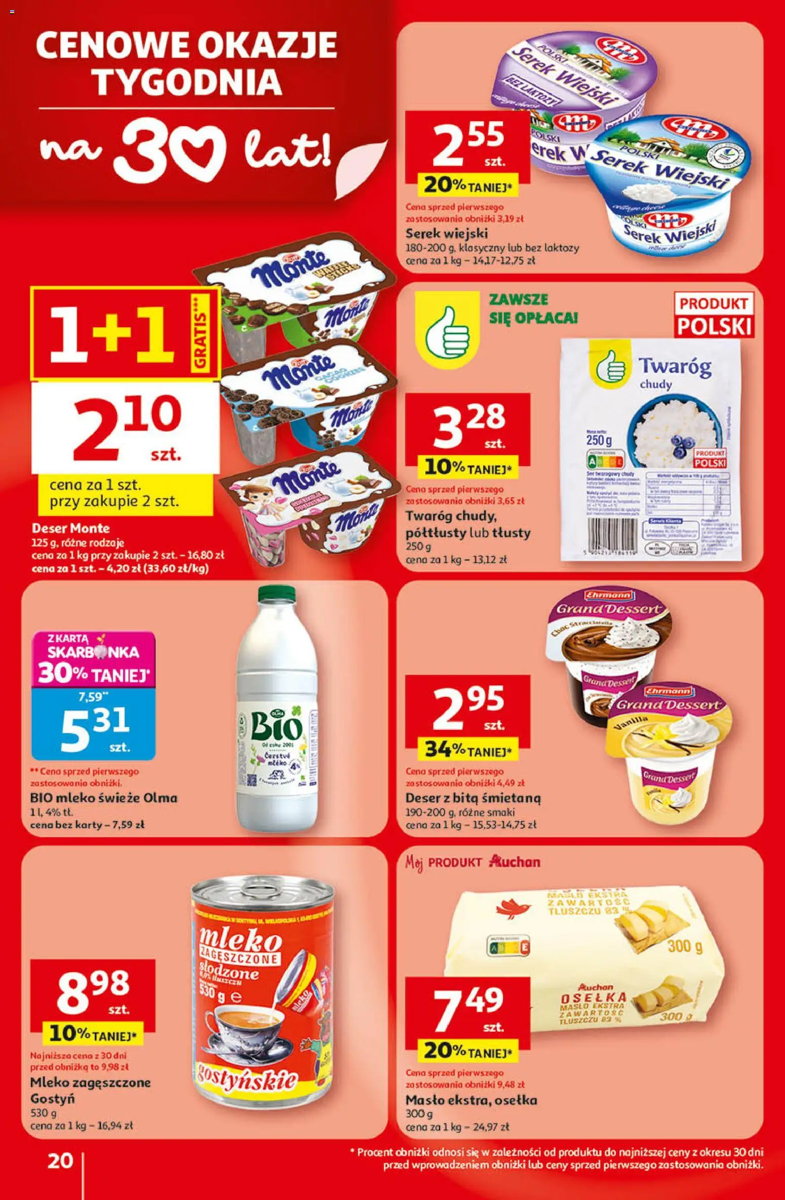 Auchan - Gazetka 30 Lat Hipermarket  od 09.04.2026 | Strona: 20 | Produkty: Karta, Bez laktozy, Serek wiejski, Ser