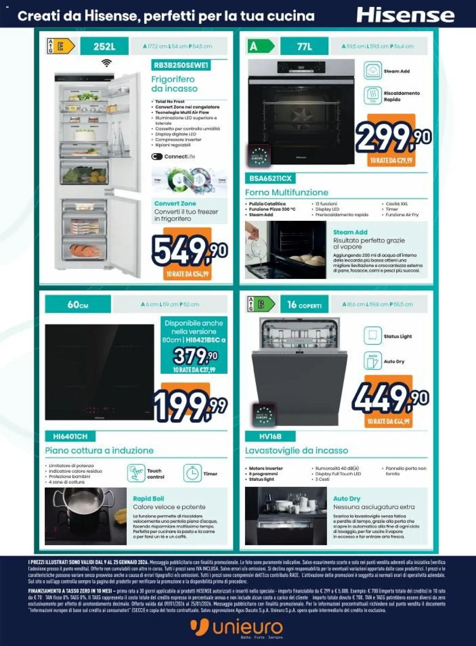 Volantino Unieuro del 09.01.2026 | Pagina: 4 | Prodotti: Lavastoviglie da incasso, Tè, Frigorifero, Forno