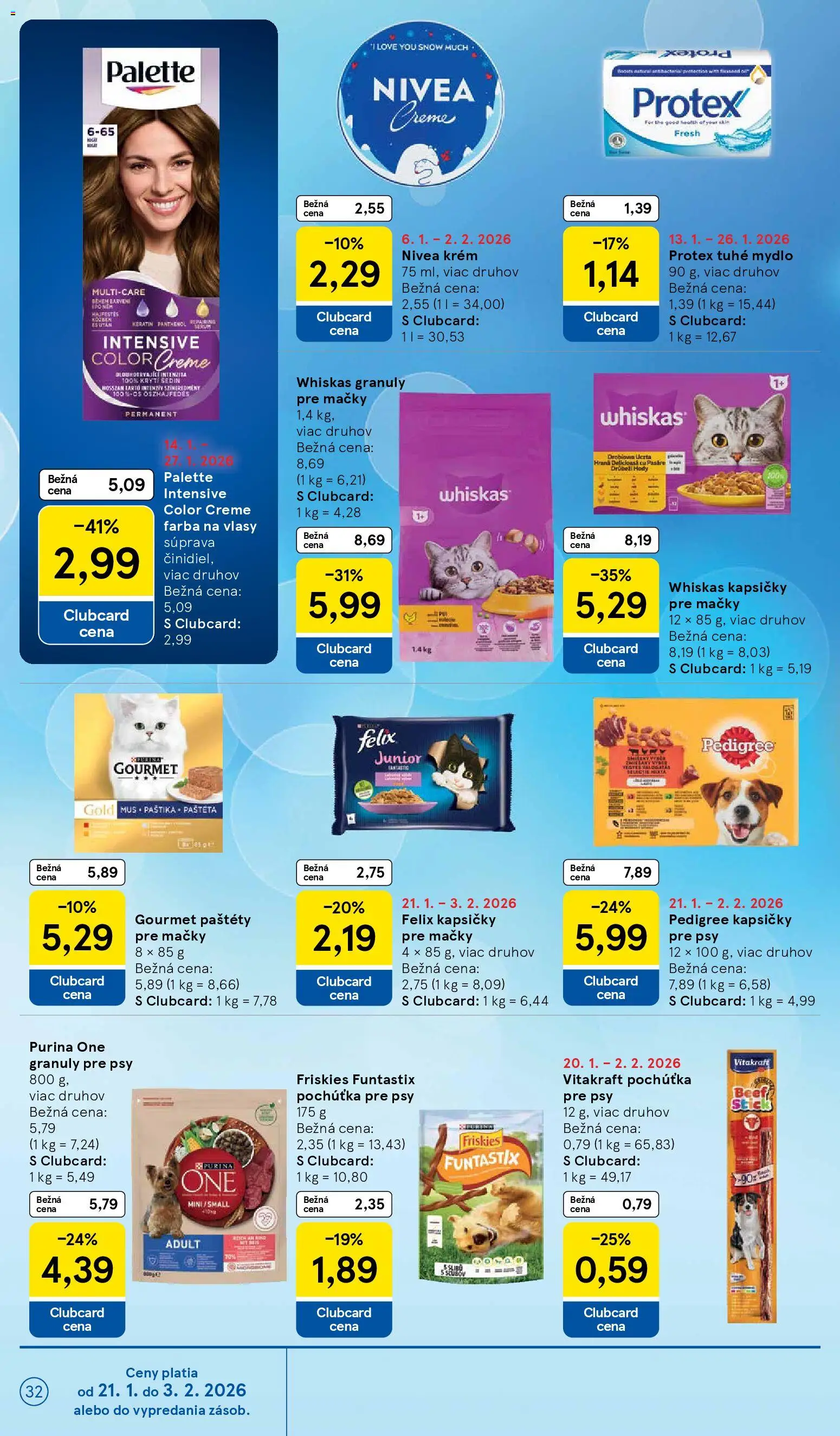 Nové Tesco akcie – leták je platný od 21.01.2026 | Strana: 32 | Produkty: Felix, Nivea, Friskies, Mydlo