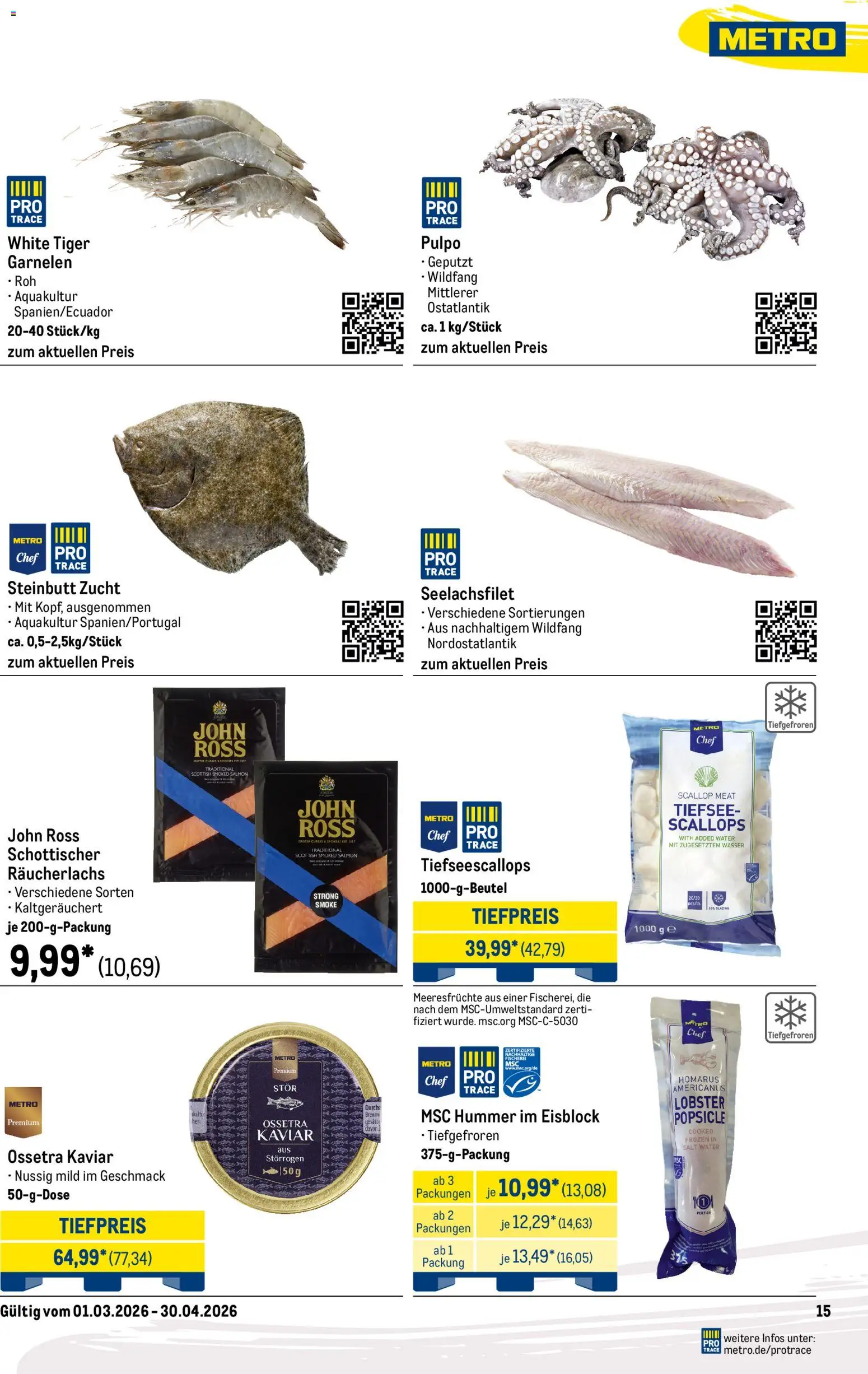 Metro Saisonkatalog Frühlings-Genuss – gültig ab 01.03.2026 | Seite: 15 | Produkte: Garnelen, Räucherlachs, Wasser, Meeresfrüchte