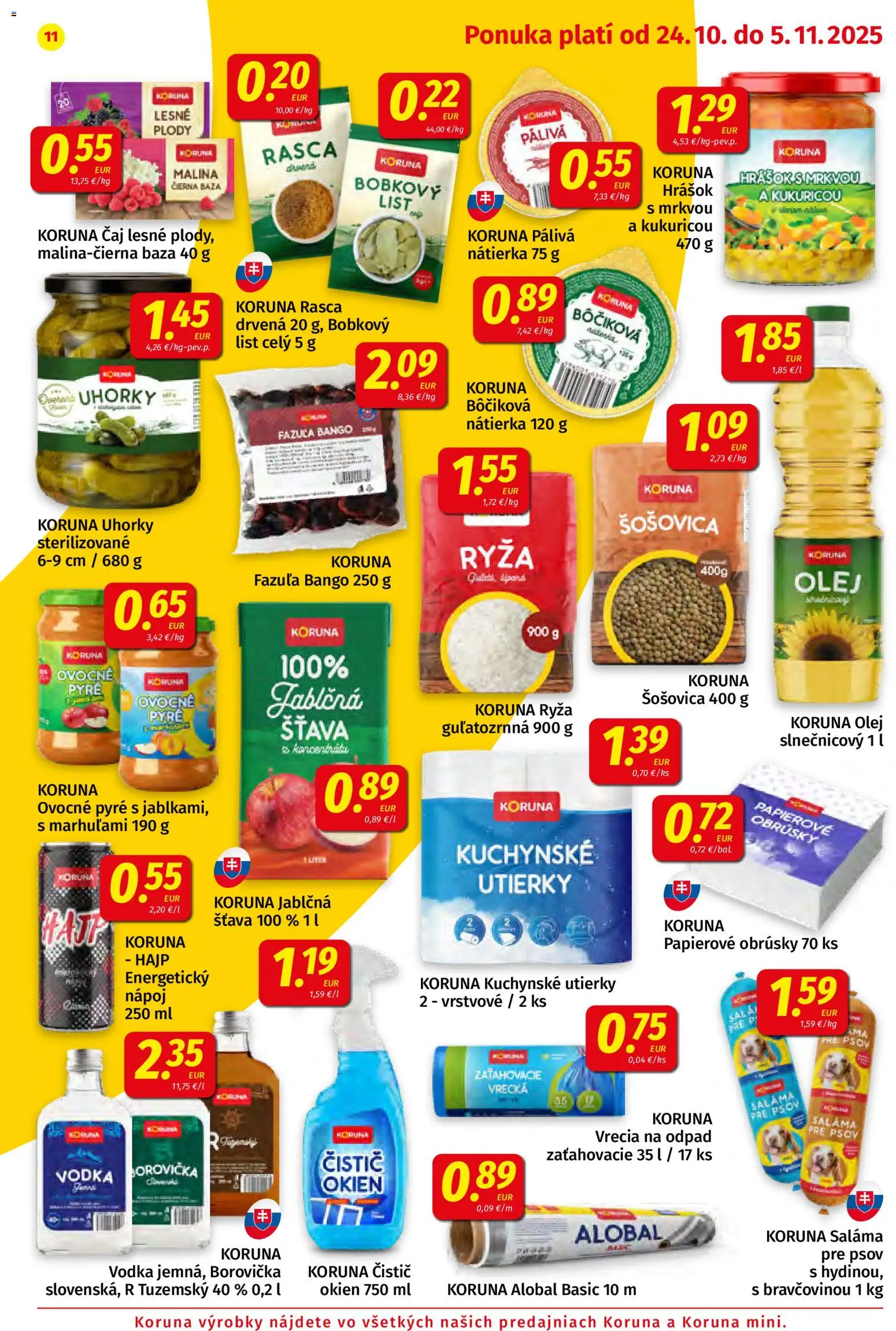 Nové Koruna akcie – leták je platný od 24.10.2025 | Strana: 11 | Produkty: Borovička, Šošovica, Vodka, Uhorky