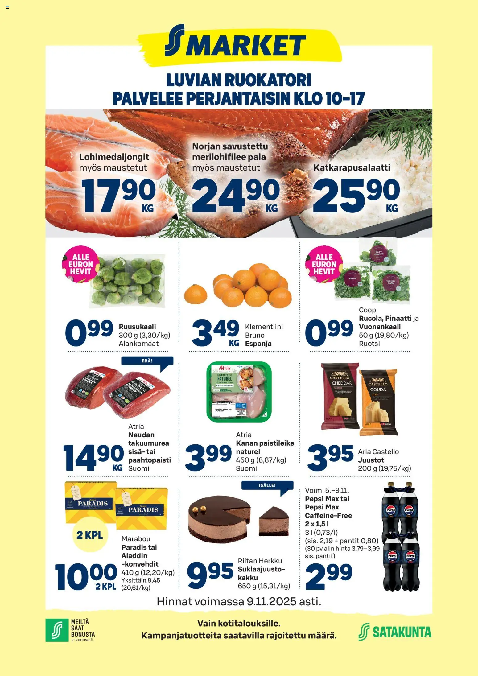 S-market Luvia – voimassa 05.11.2025 alkaen | Sivu: 1 | Tuotteet: Cheddar, Klementiini, Pepsi, Pinaatti