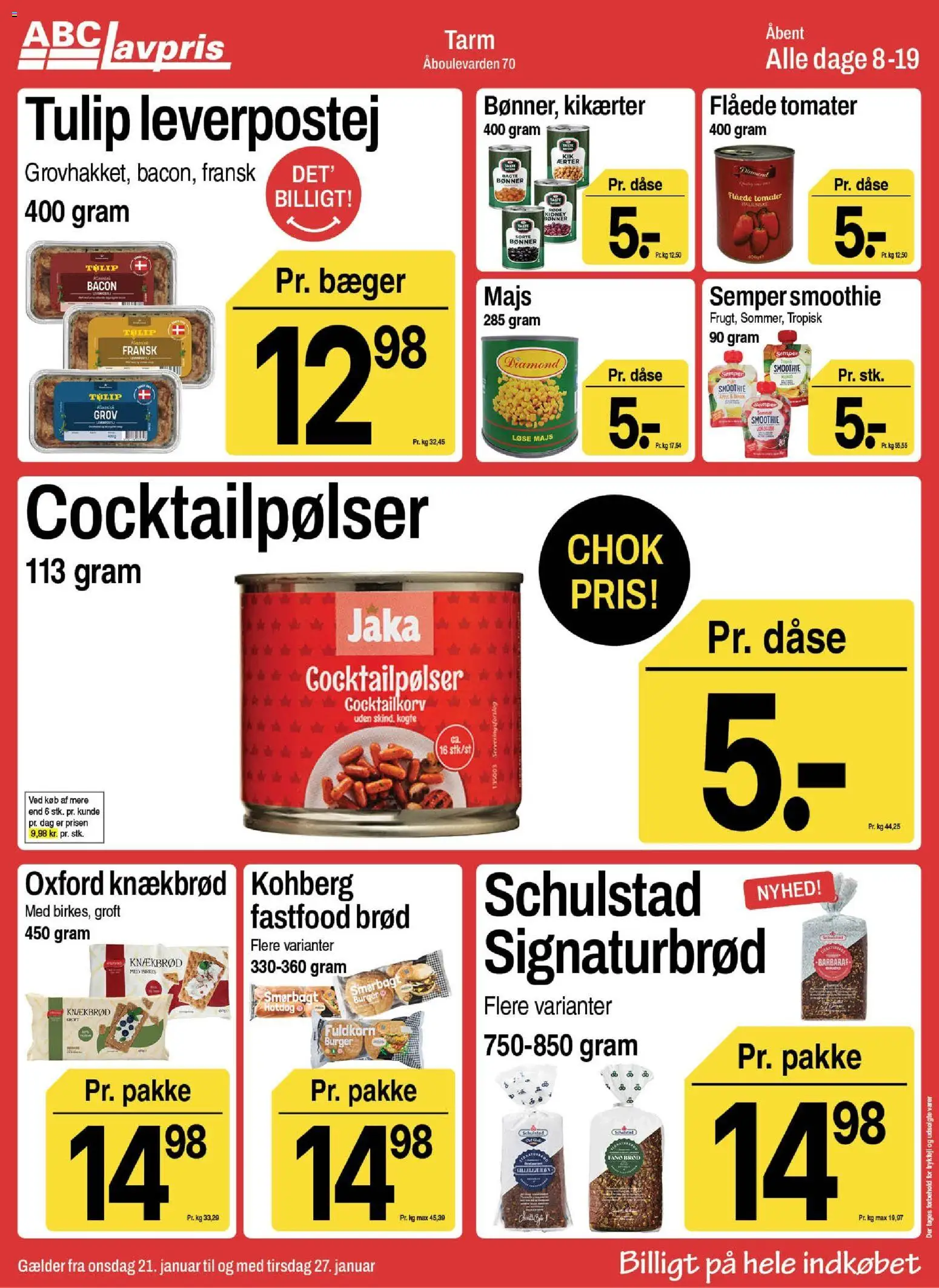 Abc Lavpris tilbudsavis – gyldig fra 21.01.2026 | Side: 1 | Produkter: Cocktailpølser, Leverpostej, Bacon, Ærter