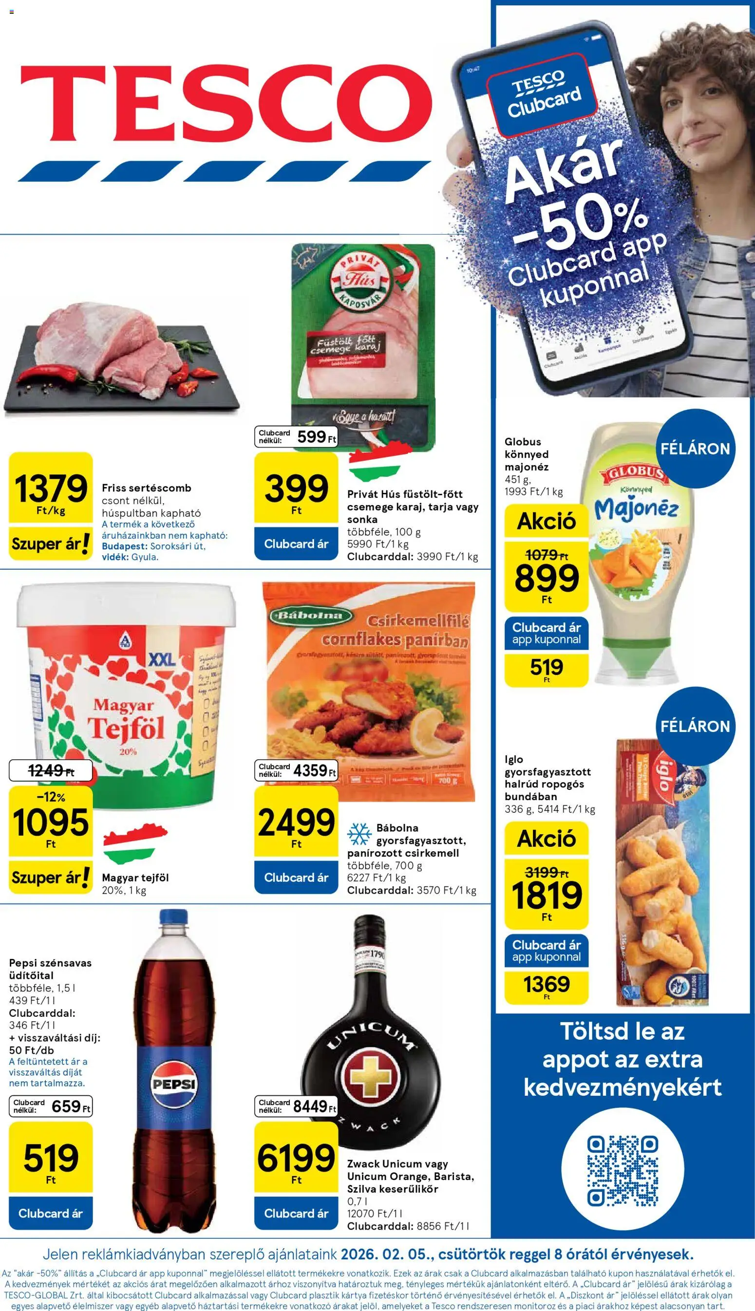 Tesco akciós ujság - amely érvényes a következő dátumtól: 05.02.2026 | Oldal: 1 | Termékek: Pepsi, Sertéscomb, Karaj, Majonéz