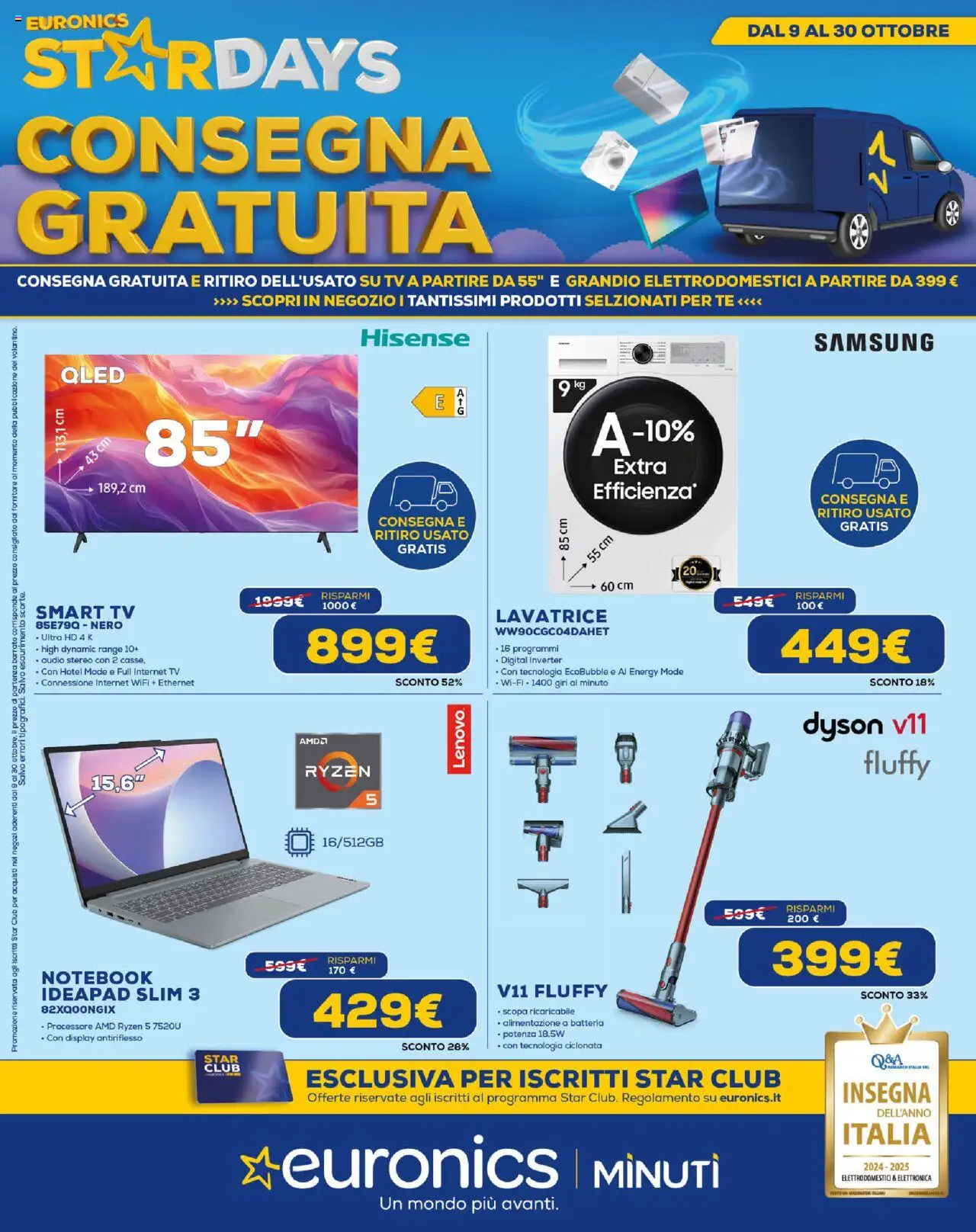 Volantino Euronics del 09.10.2025 | Pagina: 1 | Prodotti: Lavatrice, Scopa, Audio, Dyson