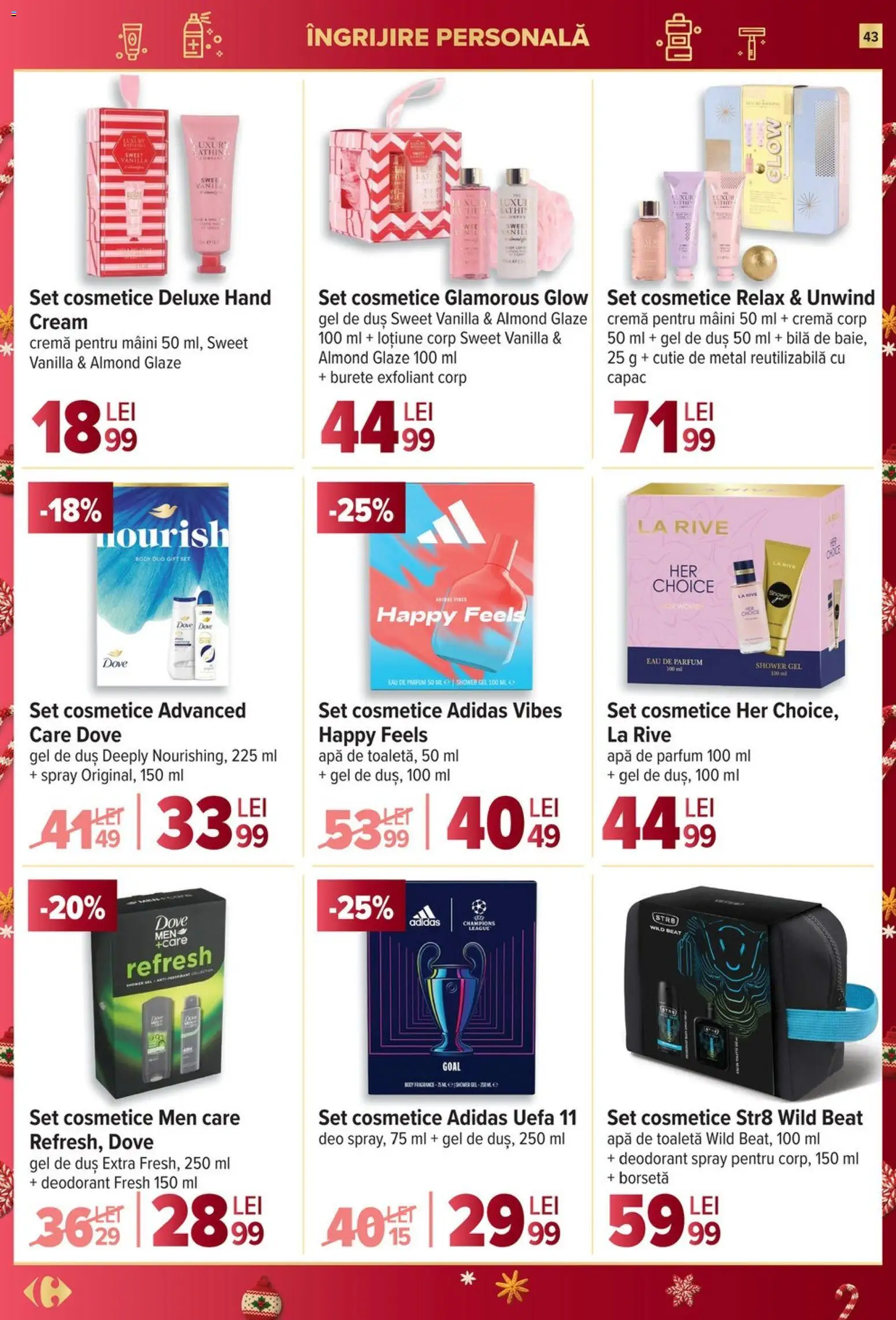 Noul catalog Carrefour – valabil de la 27.12.2025 | Pagină: 43 | Produse: Apă de toaletă, Burete, Cremă, Gel de duș