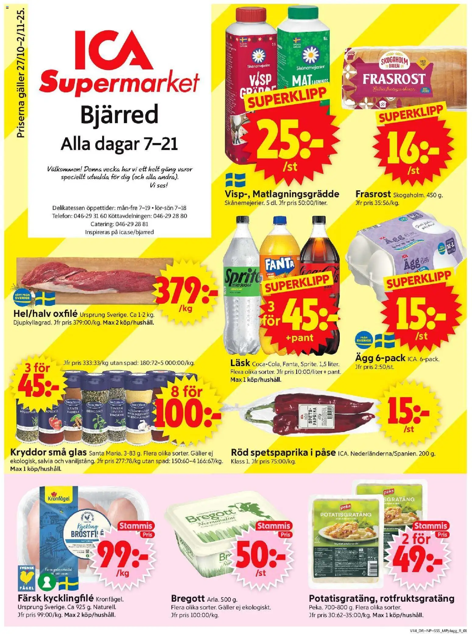 ICA Supermarket reklamblad aktuell från 27.10.2025 | Sida: 1 | Produkter: Kycklingfile, Bregott, Potatisgratäng, Matlagningsgrädde