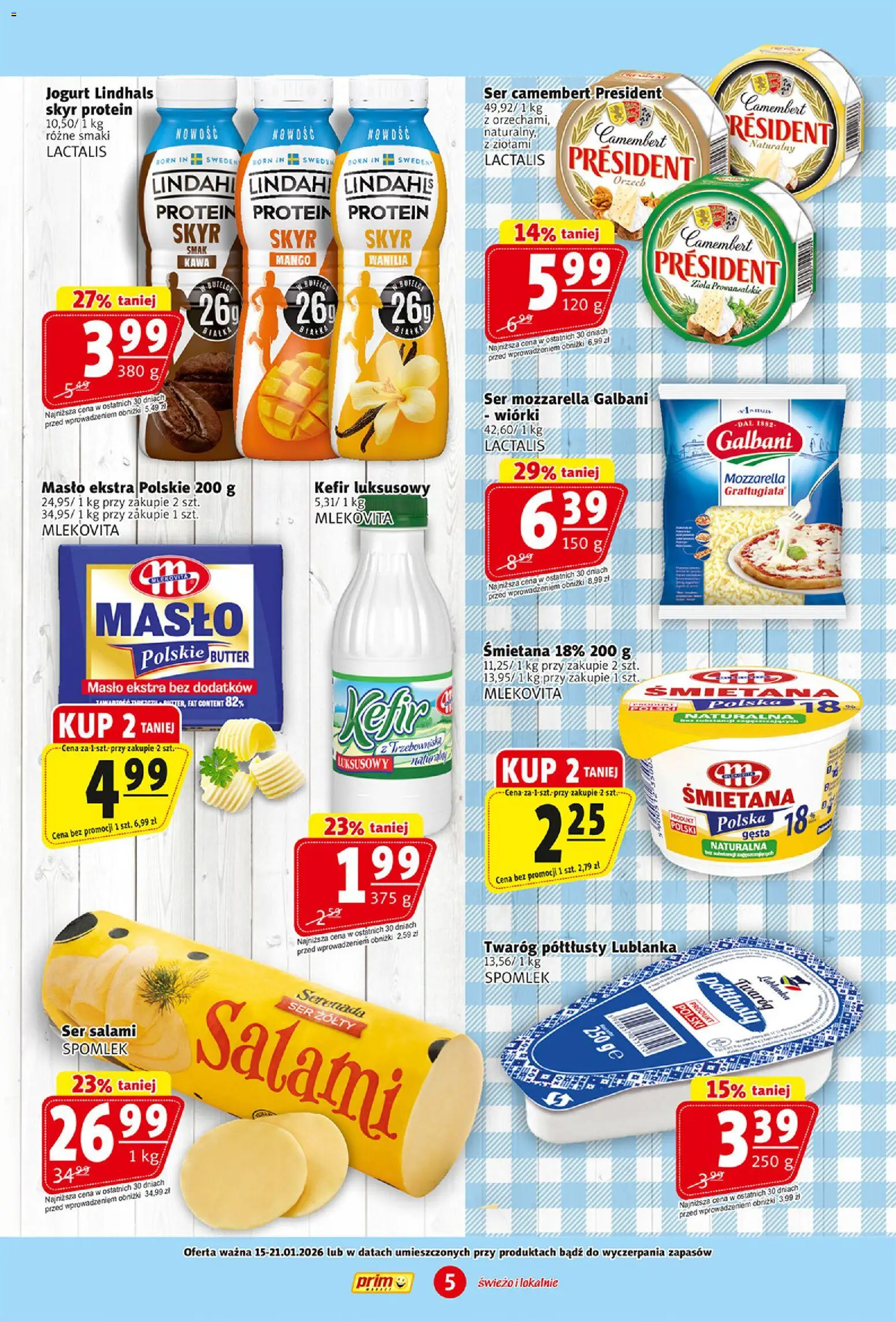 Prim Market Gazetka od 15.01.2026 | Strona: 5 | Produkty: Ser żółty, Kefir, Jogurt, Skyr