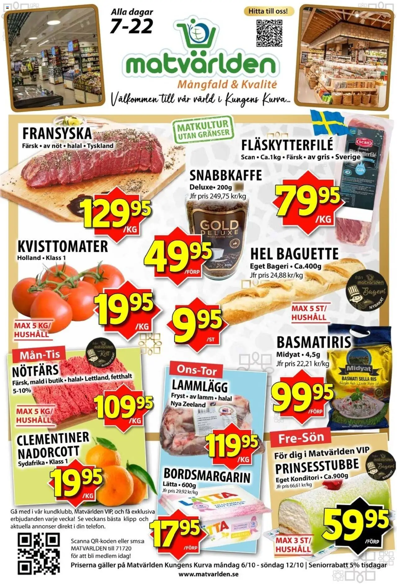 Matvärlden reklamblad aktuell från 06.10.2025 | Sida: 1 | Produkter: Bageri, Nötfärs, Galler, Ris