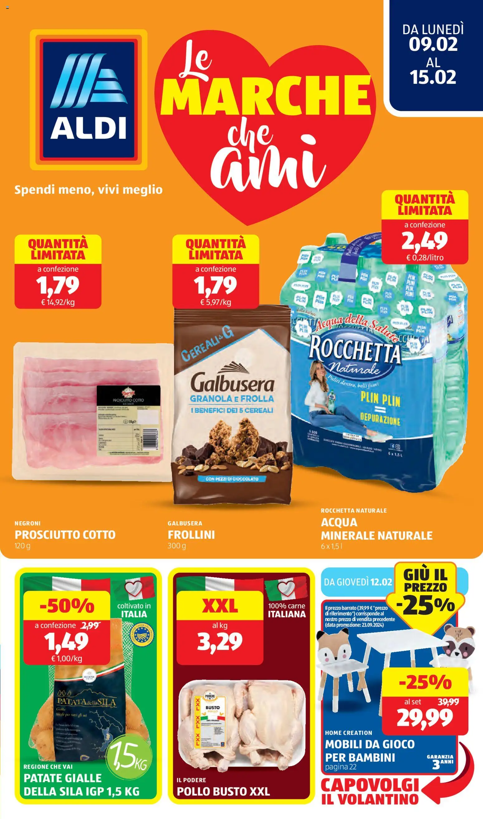 Volantino Aldi del 09.02.2026 | Pagina: 1 | Prodotti: Acqua, Data, Acqua minerale, Frollini