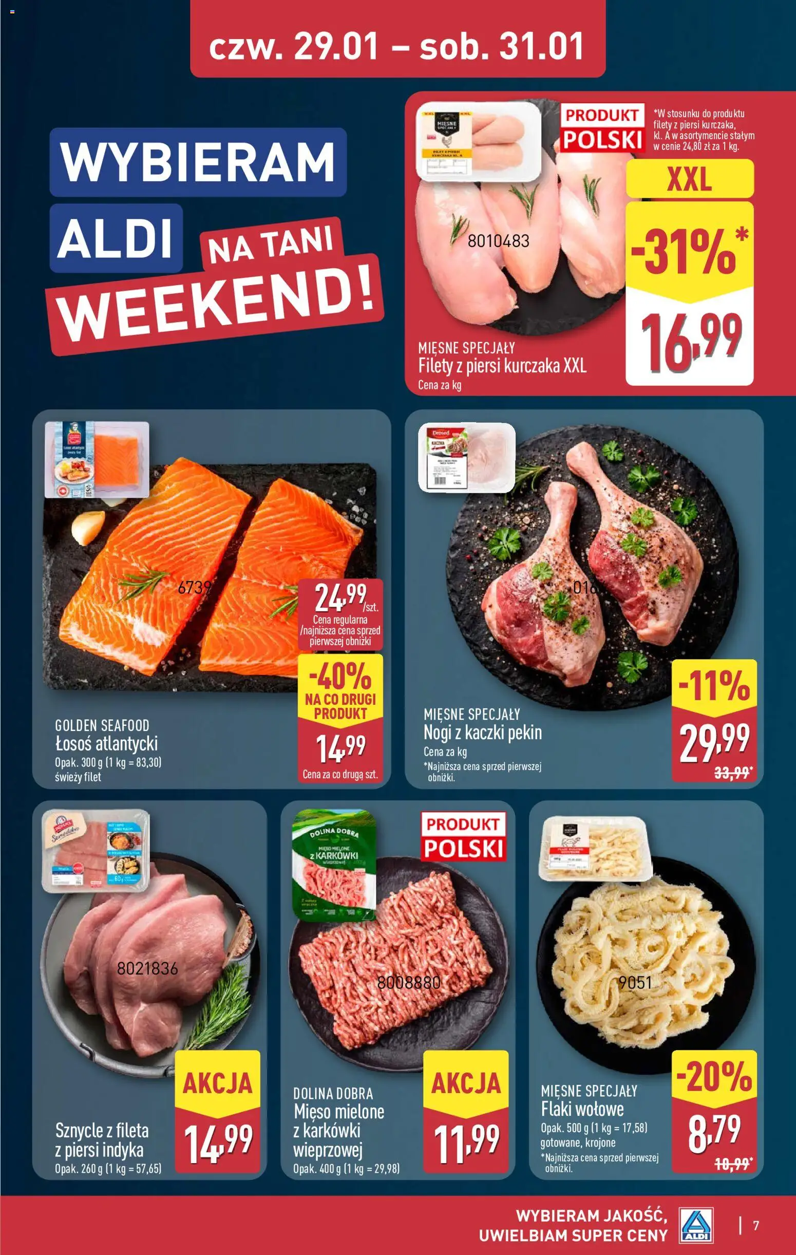 Aldi Gazetka - Okazje na weekend od 29.01.2026 | Strona: 7 | Produkty: Piersi, Mięso mielone, Łosoś, Flaki