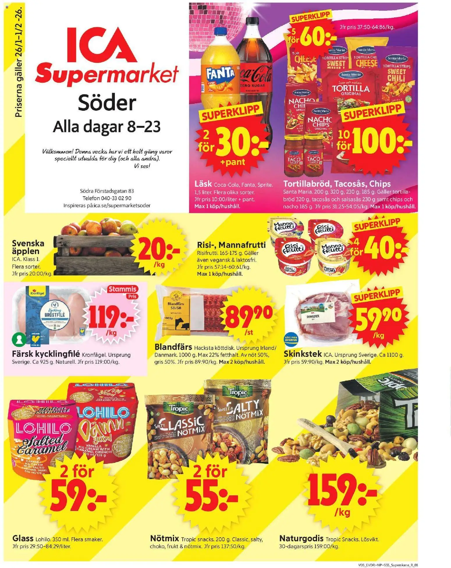 ICA Supermarket reklamblad aktuell från 26.01.2026 | Sida: 1 | Produkter: Kycklingfile, Galler, Chips, Glass