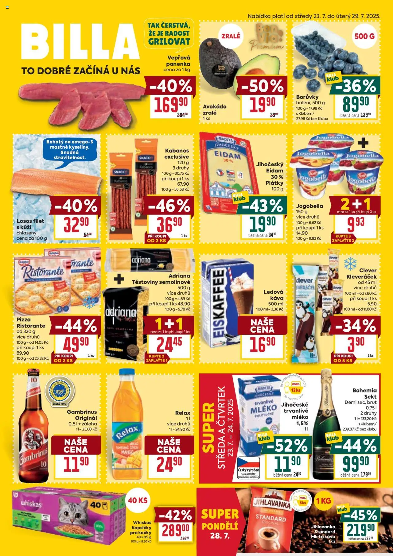 Billa Velký leták od 23.07.2025 | Strana: 1 | Produkty: Pivo, Těstoviny, Eiskaffee, Kabanos