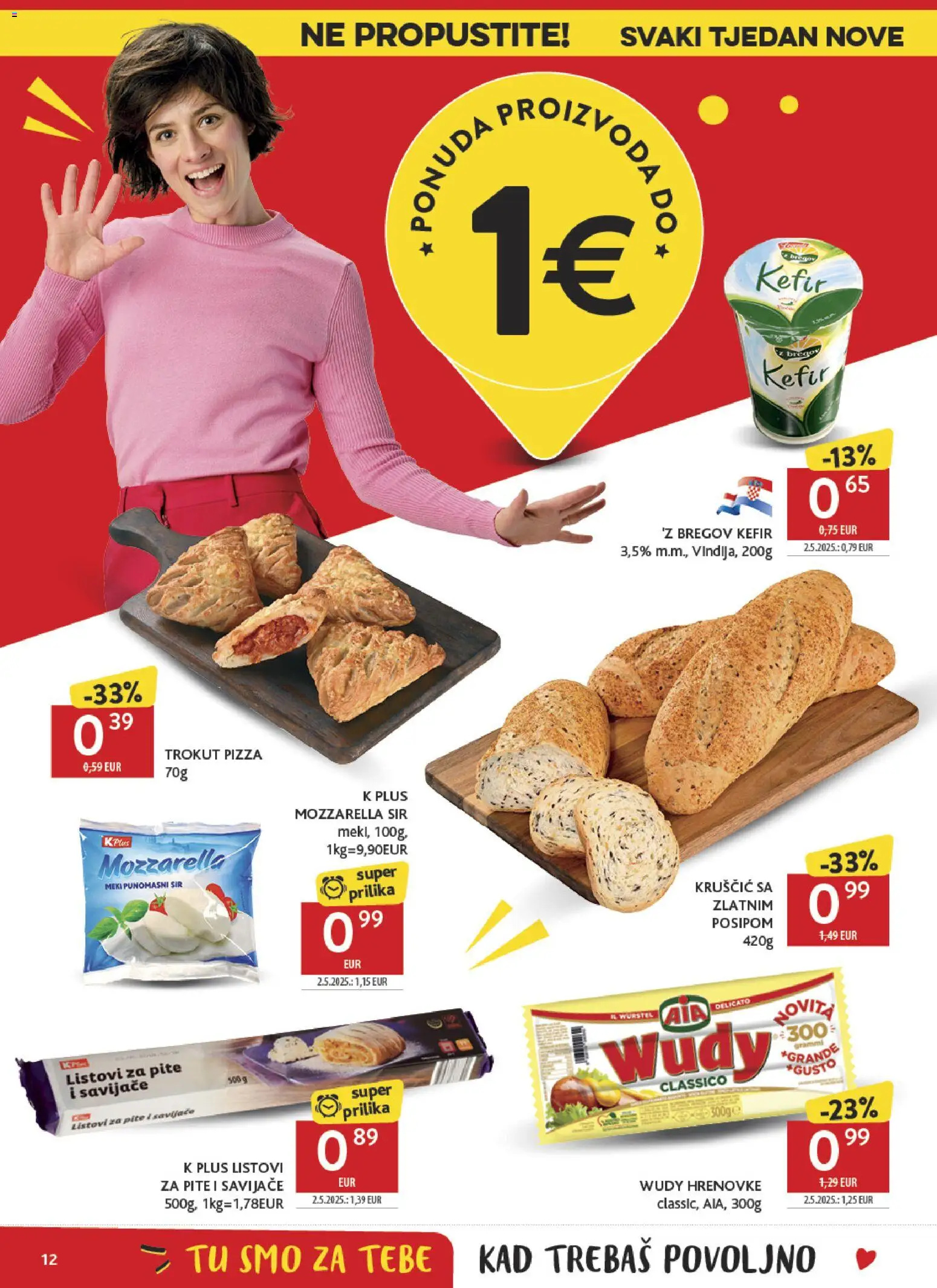 Konzum katalog | vrijedi od 28.01.2026 | Stranica: 12 | Proizvodi: Listovi za pite, Mozzarella, Hrenovke, Kefir