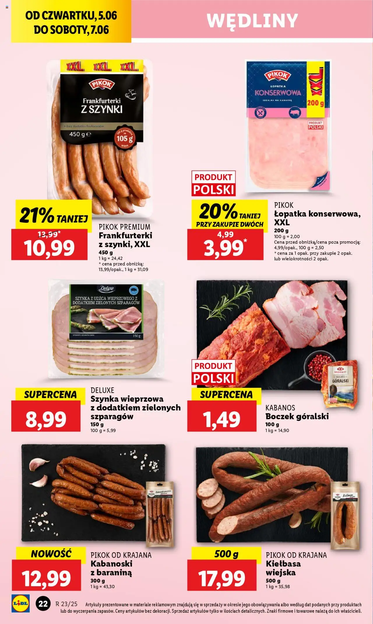 Lidl Gazetka od 05.06.2025 | Strona: 26 | Produkty: Kiełbasa, Frankfurterki, Szynka, Boczek