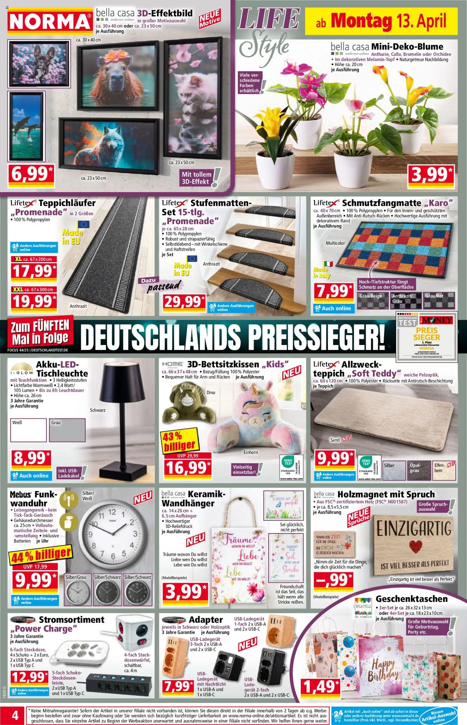 Norma Prospekt 	 – gültig ab 13.04.2026 | Seite: 4 | Produkte: Teppich, Ladekabel, Ladegerät, Uhr