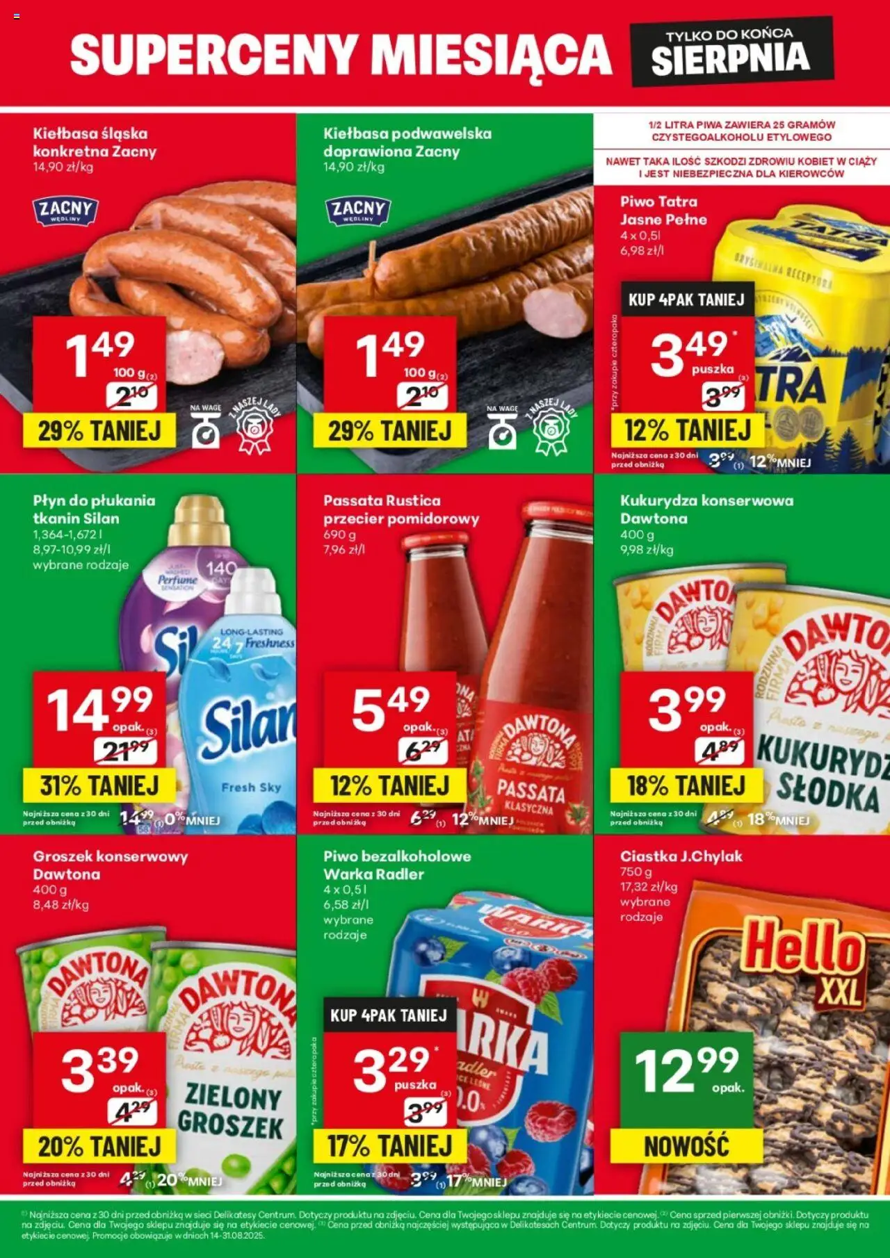 Delikatesy Centrum Gazetka - Superceny Miesiąca od 14.08.2025 | Strona: 2 | Produkty: Przecier pomidorowy, Kukurydza, Kiełbasa podwawelska, Ciastka