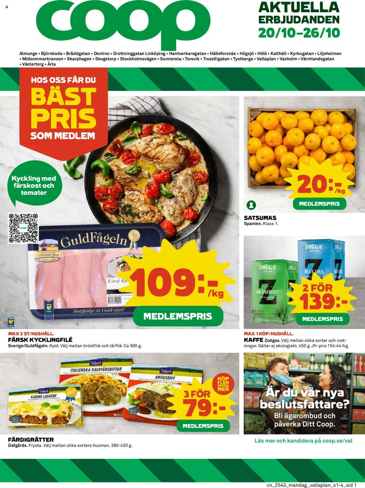Coop reklamblad aktuell från 20.10.2025 | Sida: 1 | Produkter: Kycklingfile, Galler, Kaffe, Tomater