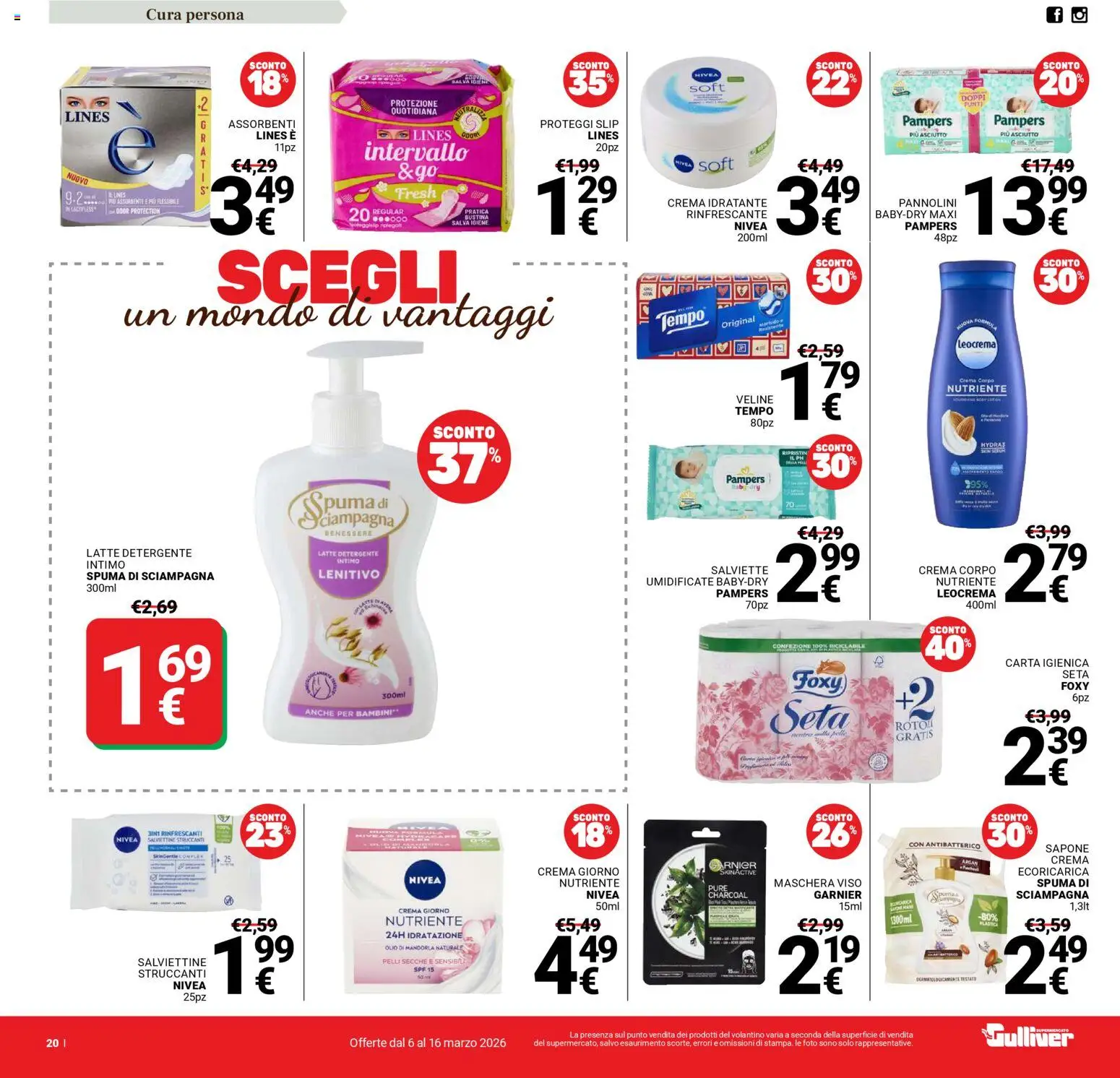 Volantino Gulliver del 06.03.2026 | Pagina: 20 | Prodotti: Maschera, Pannolini, Detergente intimo, Veline