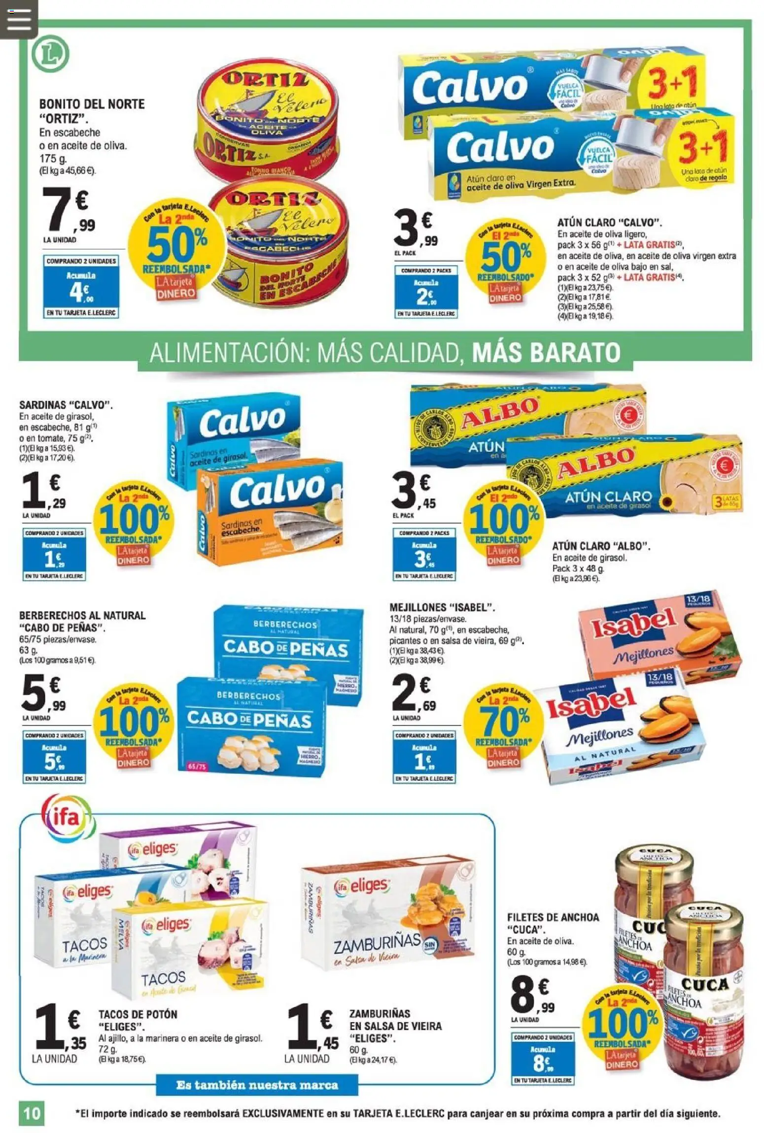 E.Leclerc folleto │ válido desde el 08.04.2026 | Página: 10 | Productos: Berberechos, Aceite, Aceite de oliva virgen extra, Atún claro